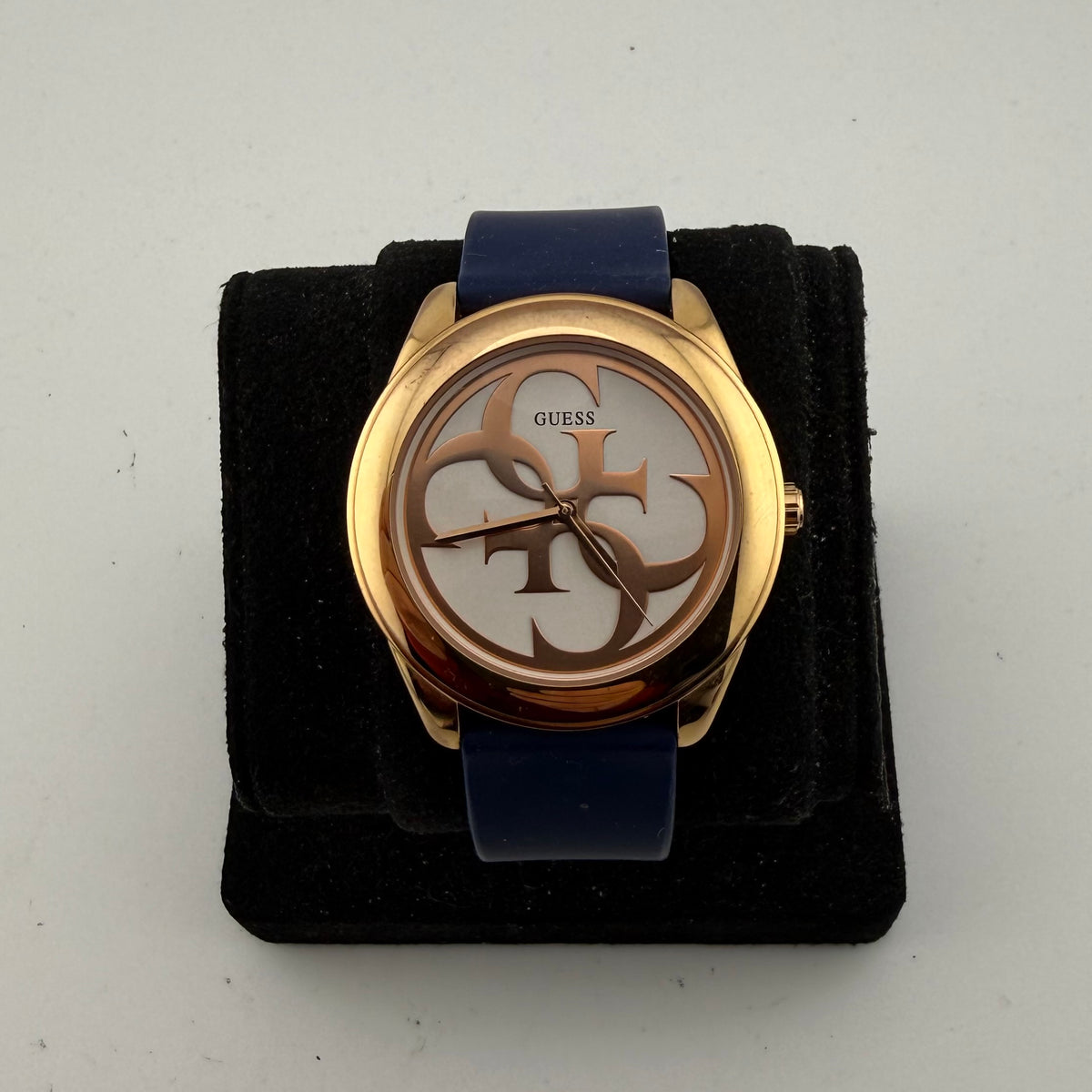 Guess G-Twist W0911L6 Ladies Rose Gold Tone Logo Watch Blue Silicone Strap- £45.00