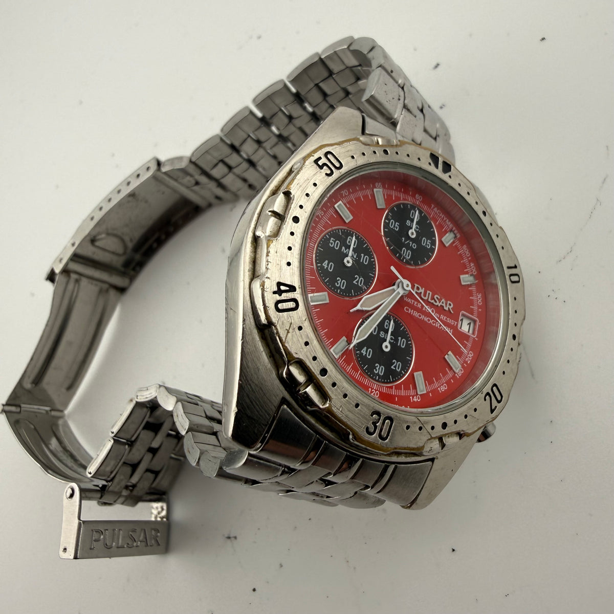 Pulsar V657-8060 Gents Red Dial Chronograph 100M Quartz Watch Fully Tested and Working- £30.00
