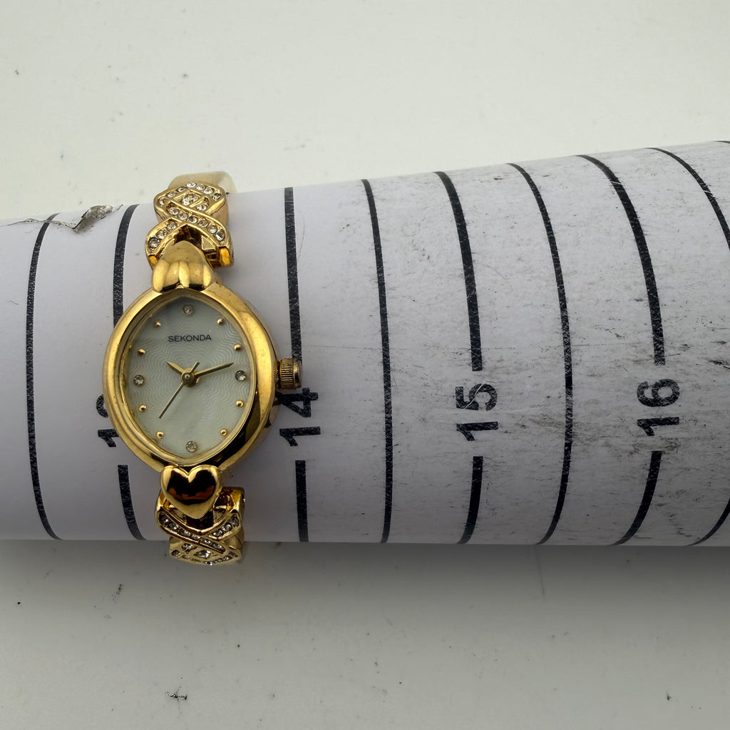 Sekonda Ladies Gold Tone Quartz Watch Crystal Set Heart Bracelet Fully Tested and Working- £12.00
