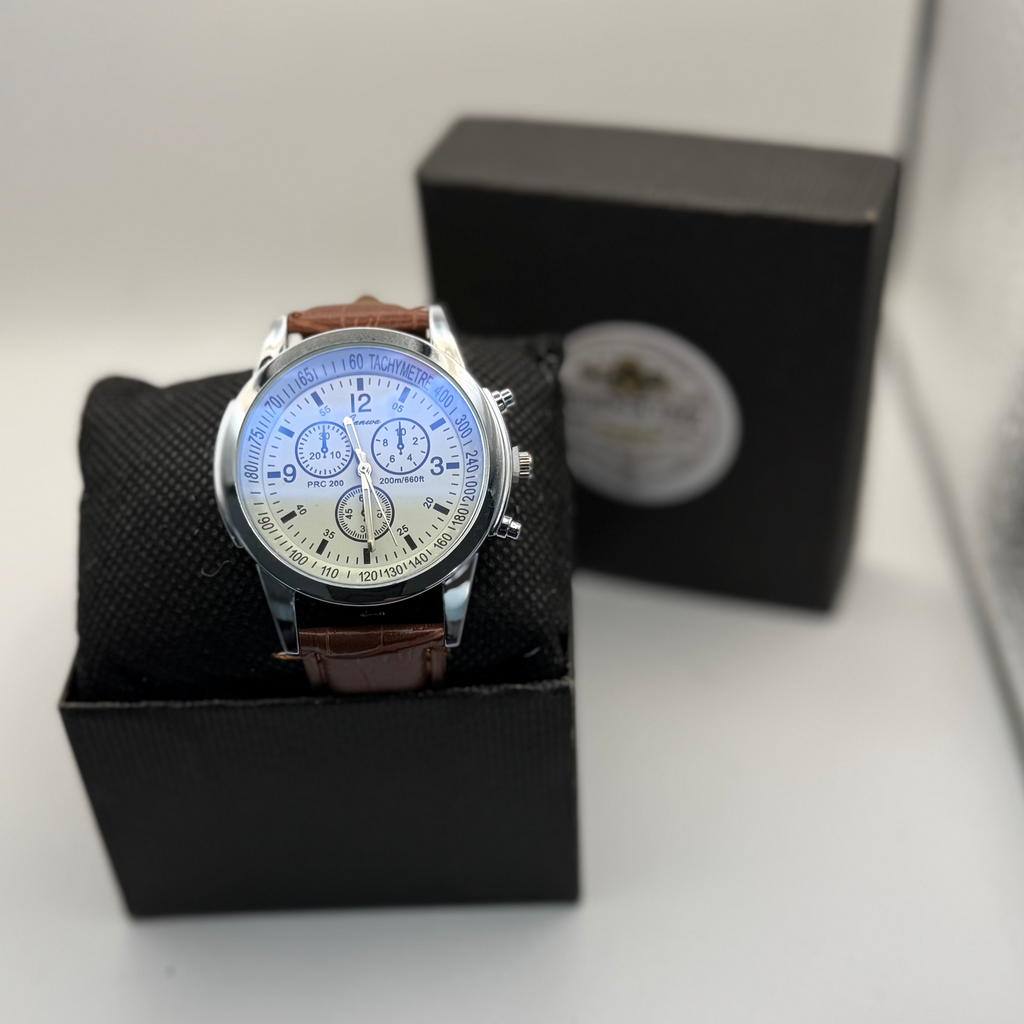 Geneva PRC 200 Style Chronograph Watch – White Dial | Brown Leather Strap |- £12.50