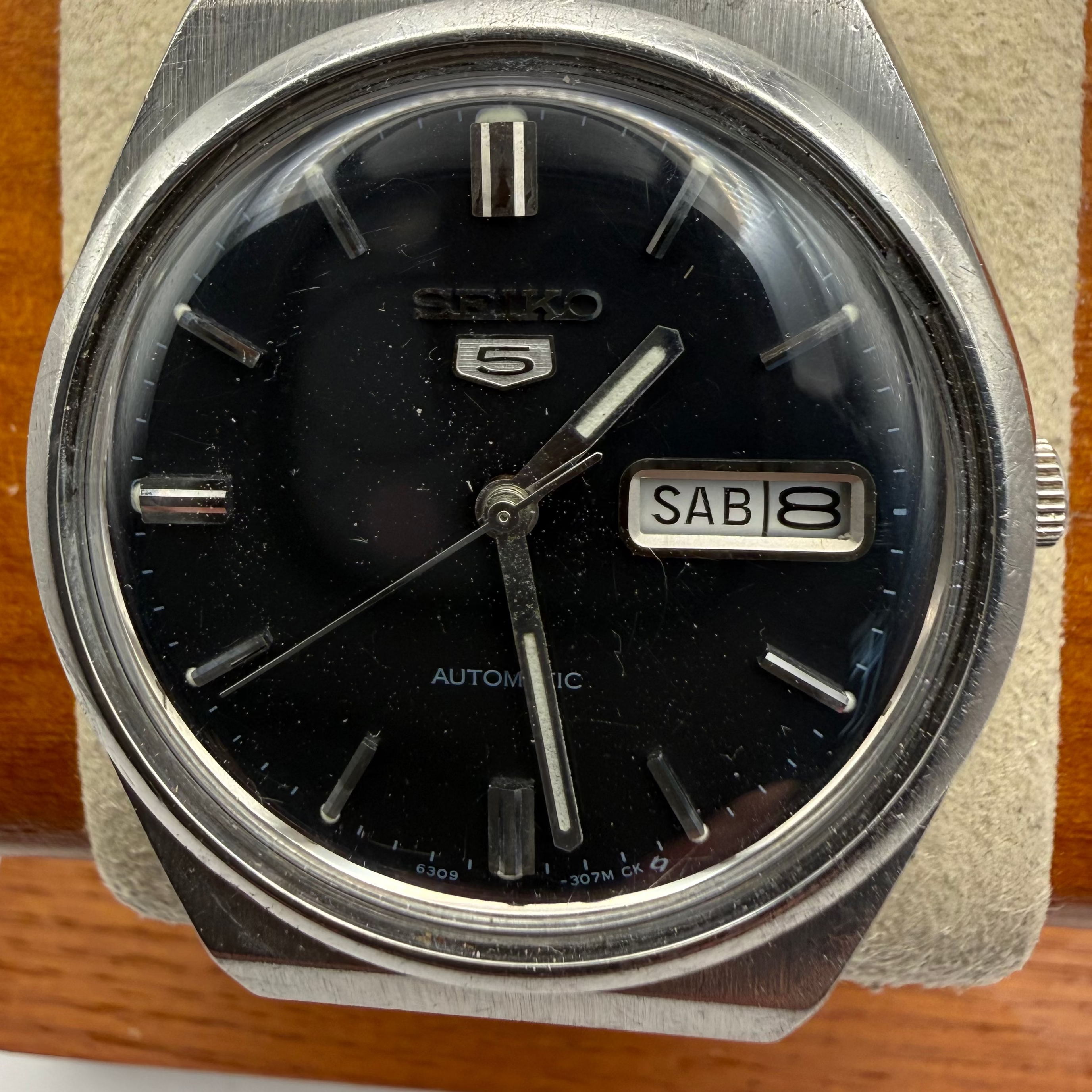 Seiko 5 Automatic Vintage Black Dial Day Date Men's Watch 6309-8930 38mm