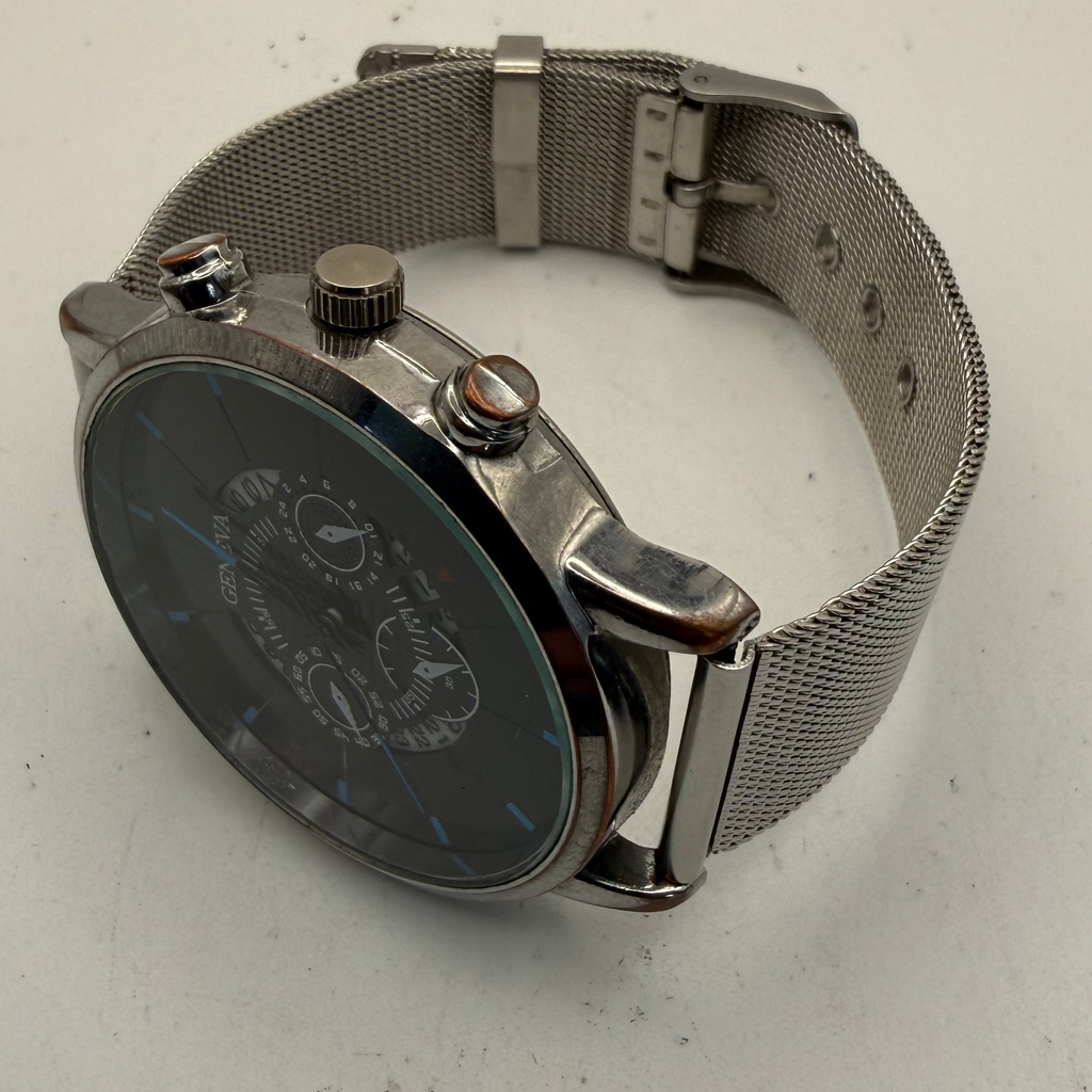 GENEVA Fashion Quartz Watch Black Dial Blue Markers Mesh Bracelet 44.5mm (Fully Tested and Working)- £7.00