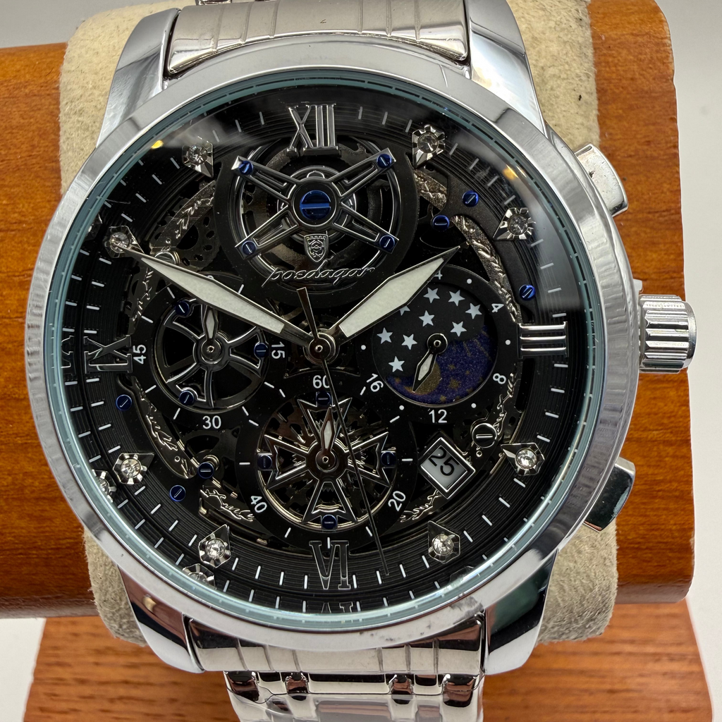 Podagar IPX7 Skeleton Moonphase Style Men's Watch 46mm Stainless Steel Bracelet NEW