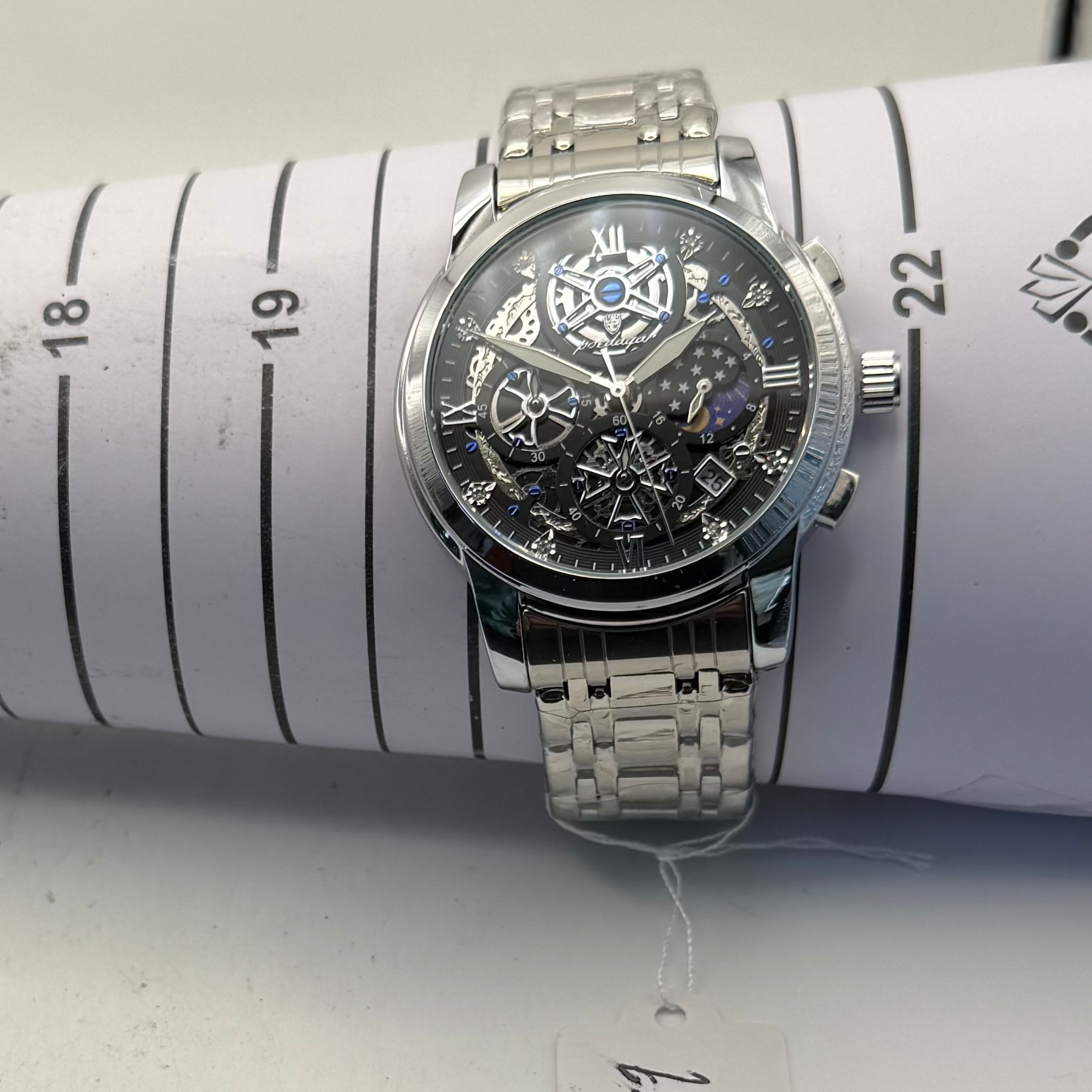 Podagar IPX7 Skeleton Moonphase Style Men's Watch 46mm Stainless Steel Bracelet NEW