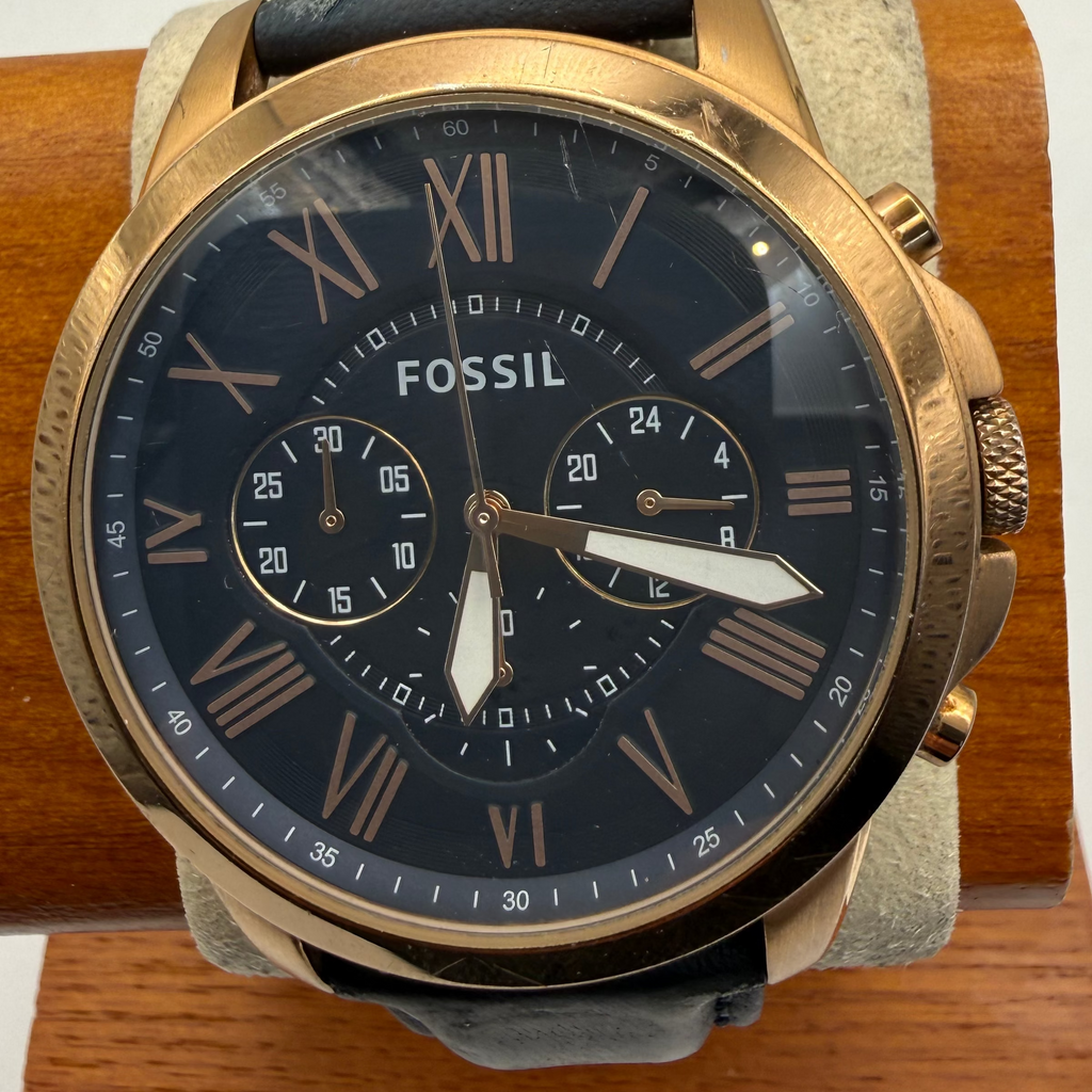 Fossil FS4835 Rose Gold Tone Chronograph Black Dial Leather Strap Watch 46.5mm (Fully Tested and Working)- £45.00