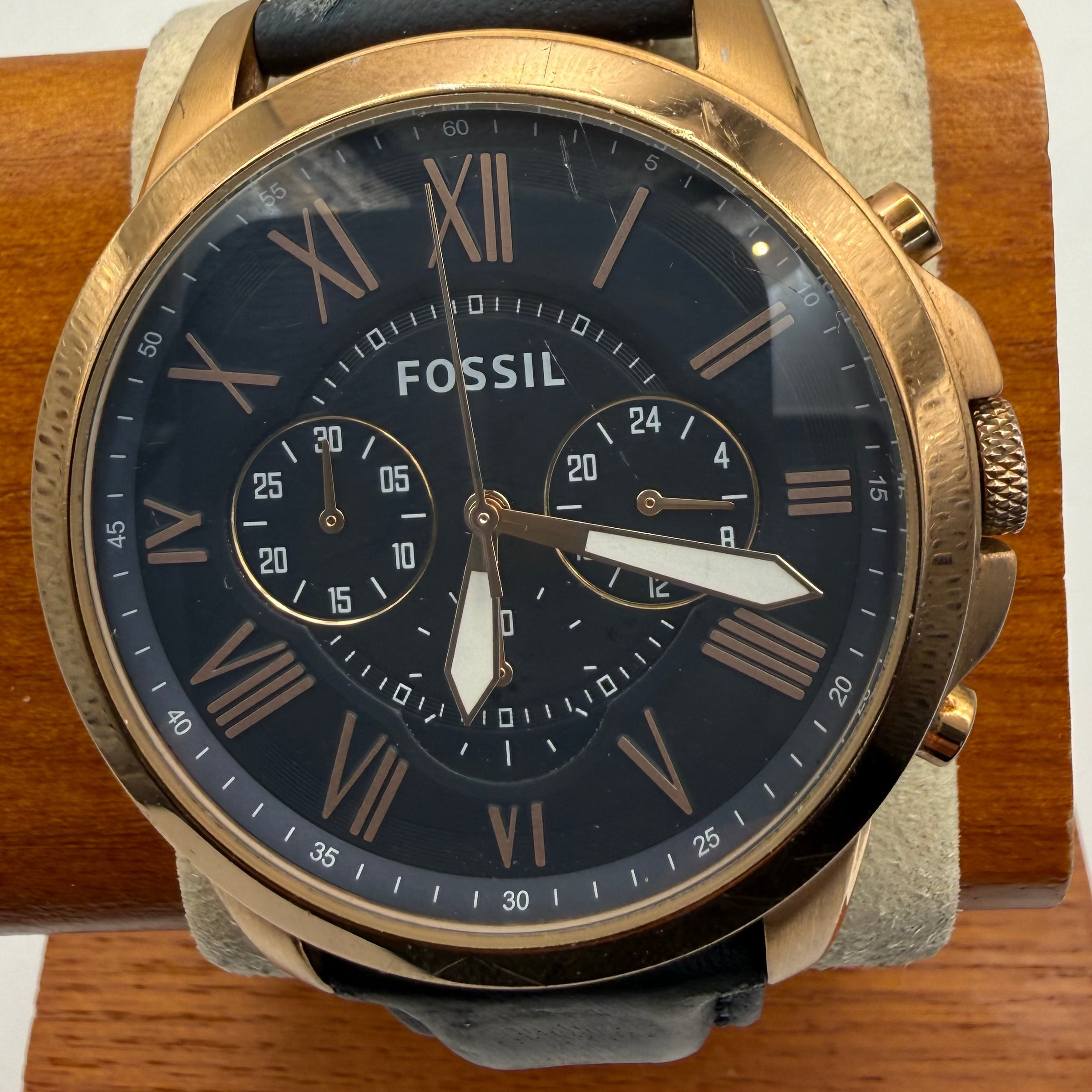 Fossil FS4835 Rose Gold Tone Chronograph Black Dial Leather Strap Watch 46.5mm (Fully Tested and Working)- £45.00