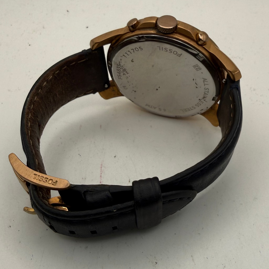 Fossil FS4835 Rose Gold Tone Chronograph Black Dial Leather Strap Watch 46.5mm (Fully Tested and Working)- £45.00