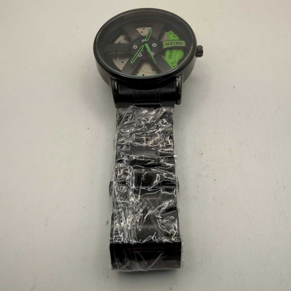 MEIBO Alloy Wheel Design Watch Black & Green – New In Box Statement Timepiece- £24.99