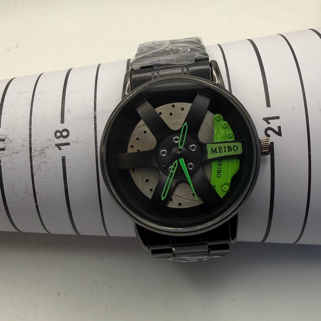 MEIBO Alloy Wheel Design Watch Black & Green – New In Box Statement Timepiece- £24.99