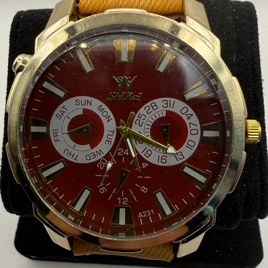 Shhors Multi-Function Red Dial Gold Tone Watch- £15.00