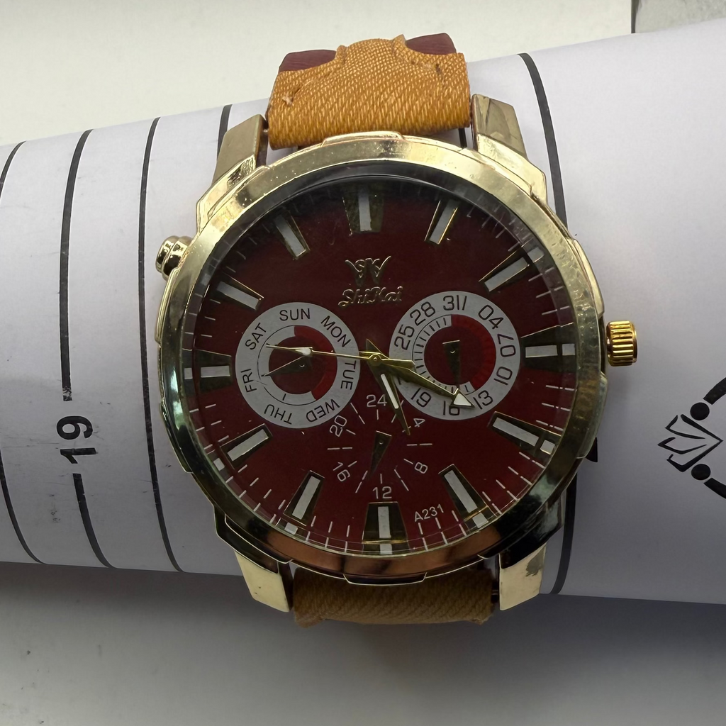 Shhors Multi-Function Red Dial Gold Tone Watch- £15.00