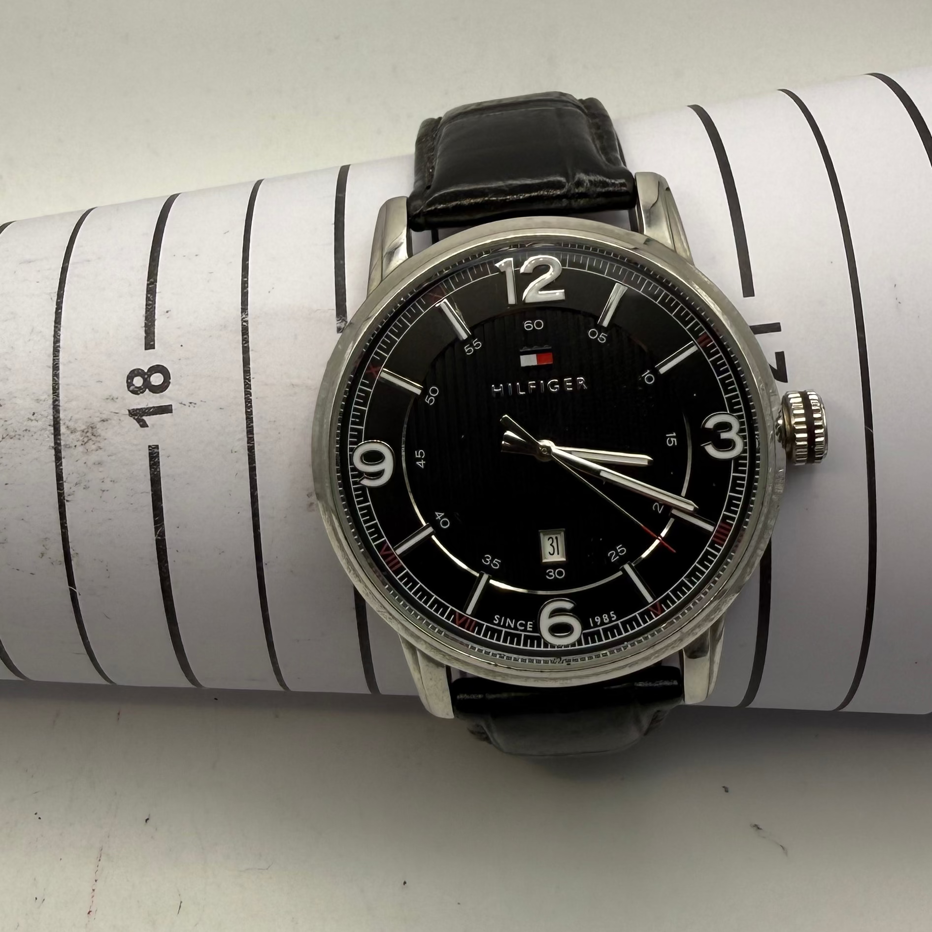 Tommy Hilfiger Black Dial Date Watch – Classic Leather Strap- £44.99