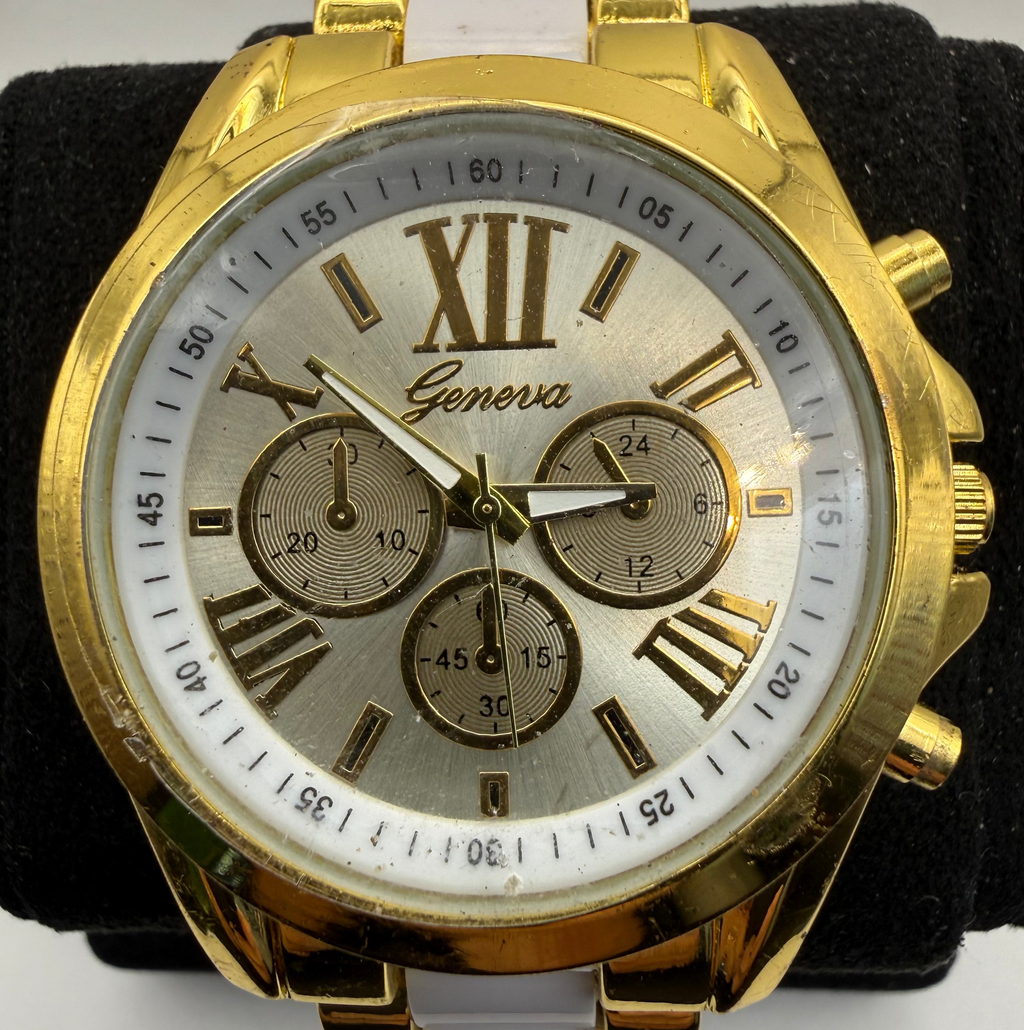 Geneva Gold Tone White Bracelet Roman Numeral Fashion Watch 46mm- £10.00