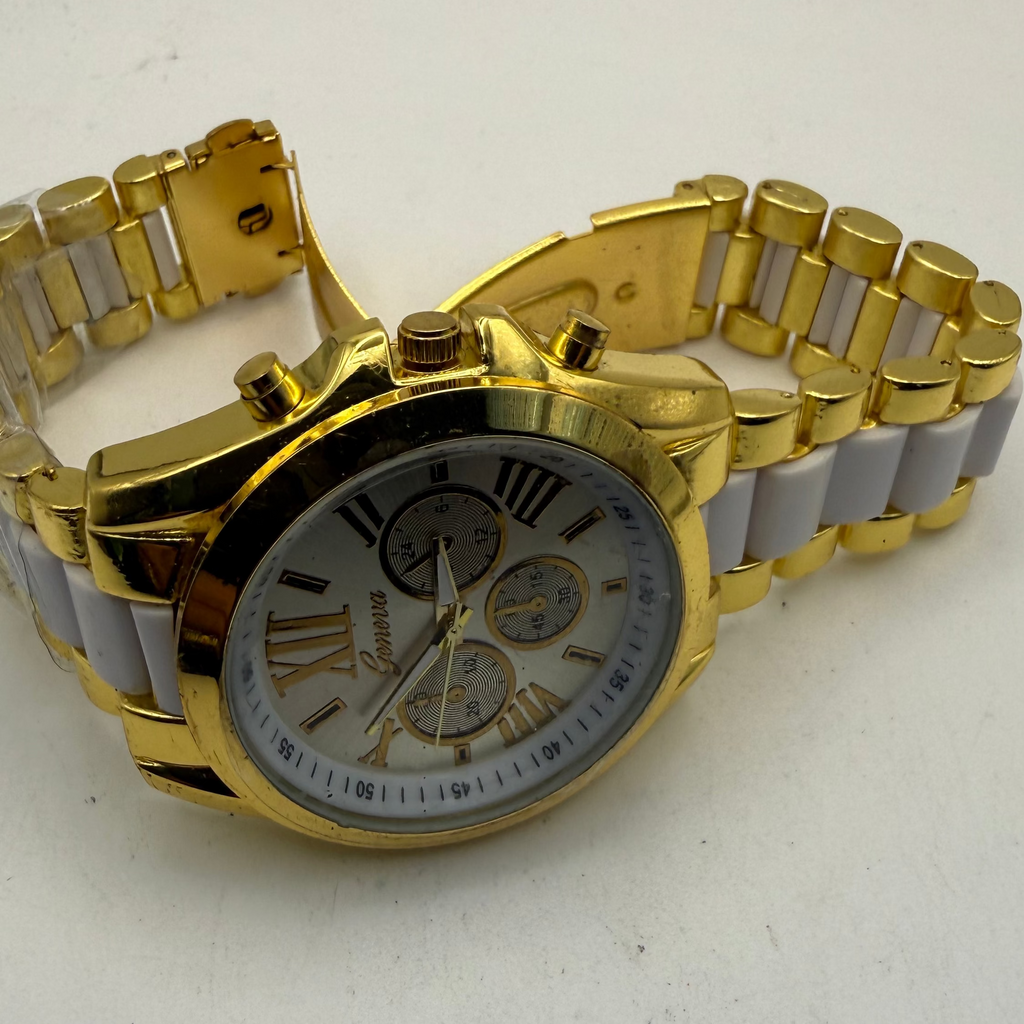 Geneva Gold Tone White Bracelet Roman Numeral Fashion Watch 46mm- £10.00