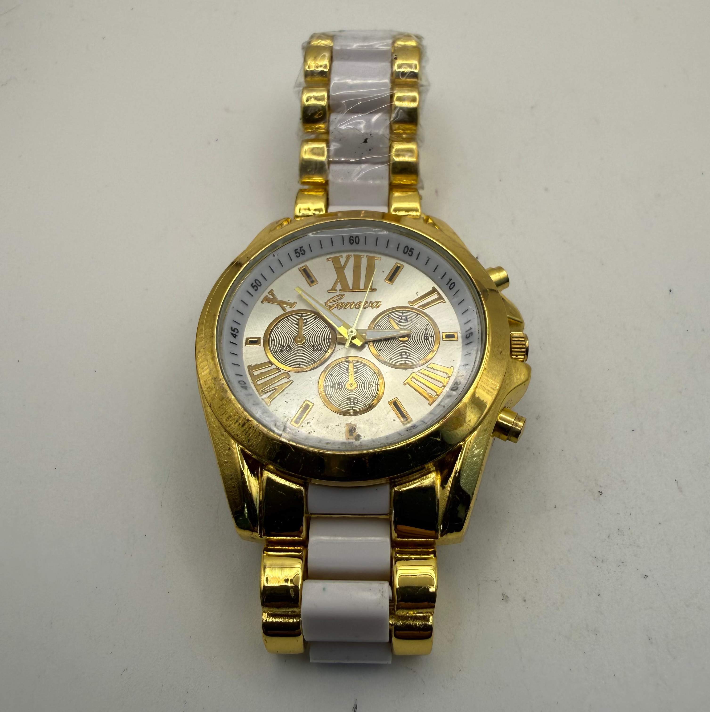 Geneva Gold Tone White Bracelet Roman Numeral Fashion Watch 46mm- £10.00