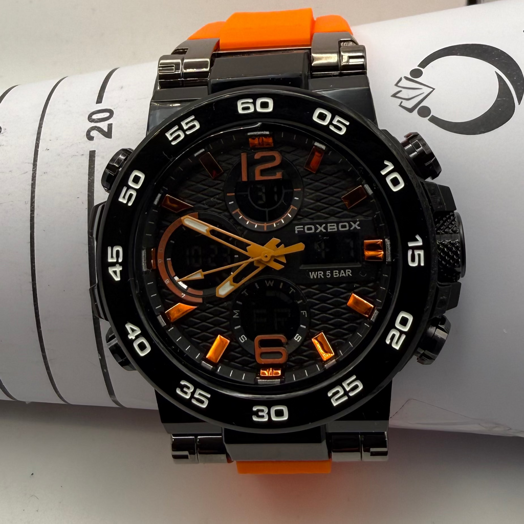 Foxbox Men's Dual Display Sports Watch Black Case Orange Accents Orange Silicone Strap New Boxed- £25.00