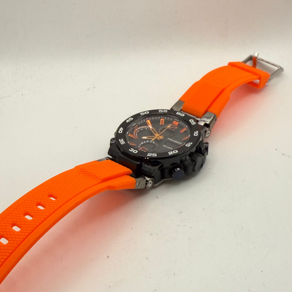 Foxbox Men's Dual Display Sports Watch Black Case Orange Accents Orange Silicone Strap New Boxed- £25.00