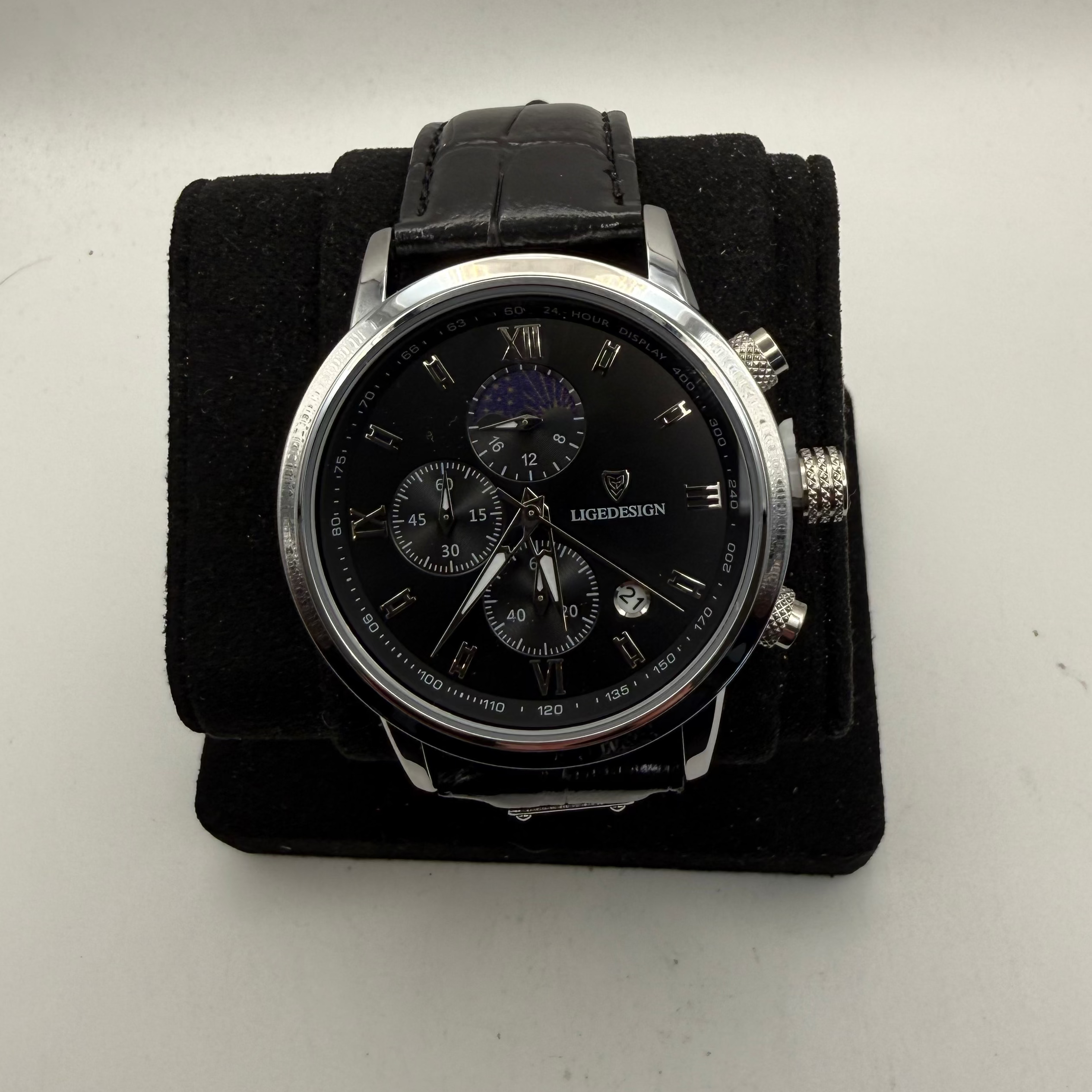 LIGE Design Multifunction Men's Watch Black Dial Leather Strap 49mm- £30.00