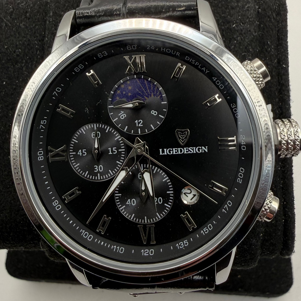 LIGE Design Multifunction Men's Watch Black Dial Leather Strap 49mm- £30.00