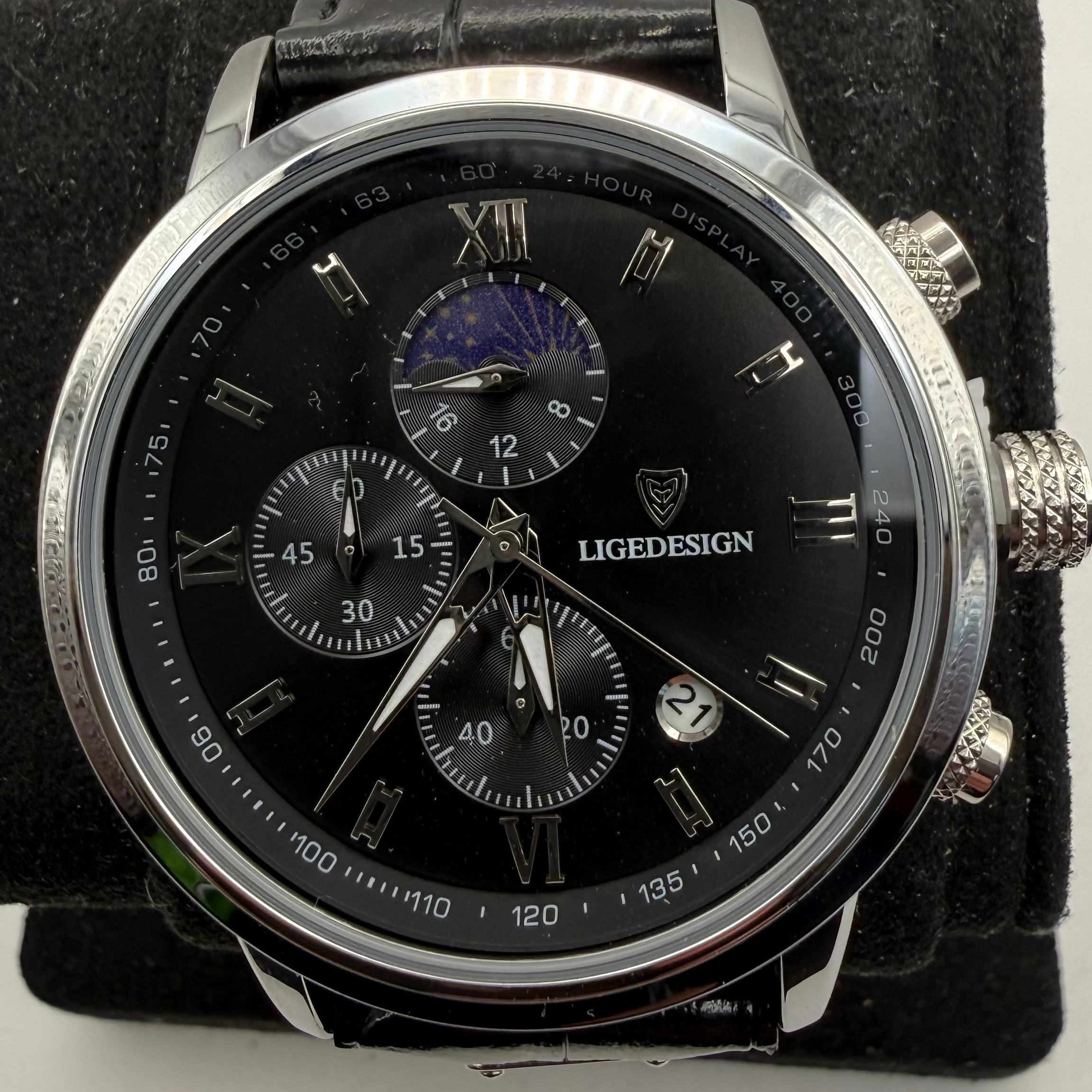 LIGE Design Multifunction Men's Watch Black Dial Leather Strap 49mm- £30.00
