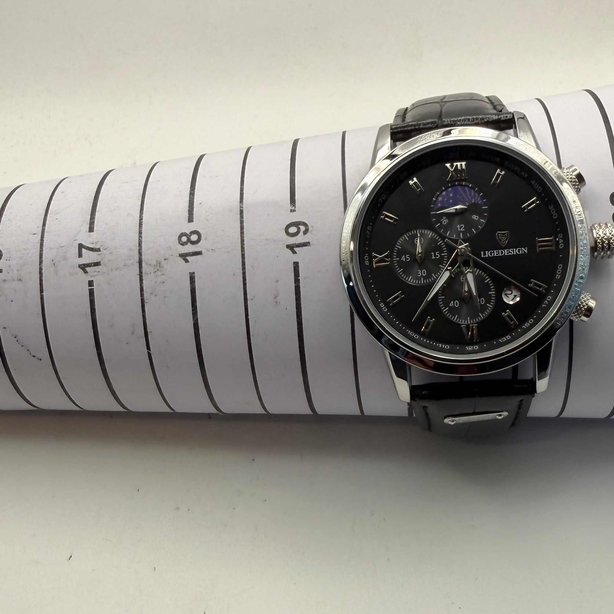 LIGE Design Multifunction Men's Watch Black Dial Leather Strap 49mm- £30.00
