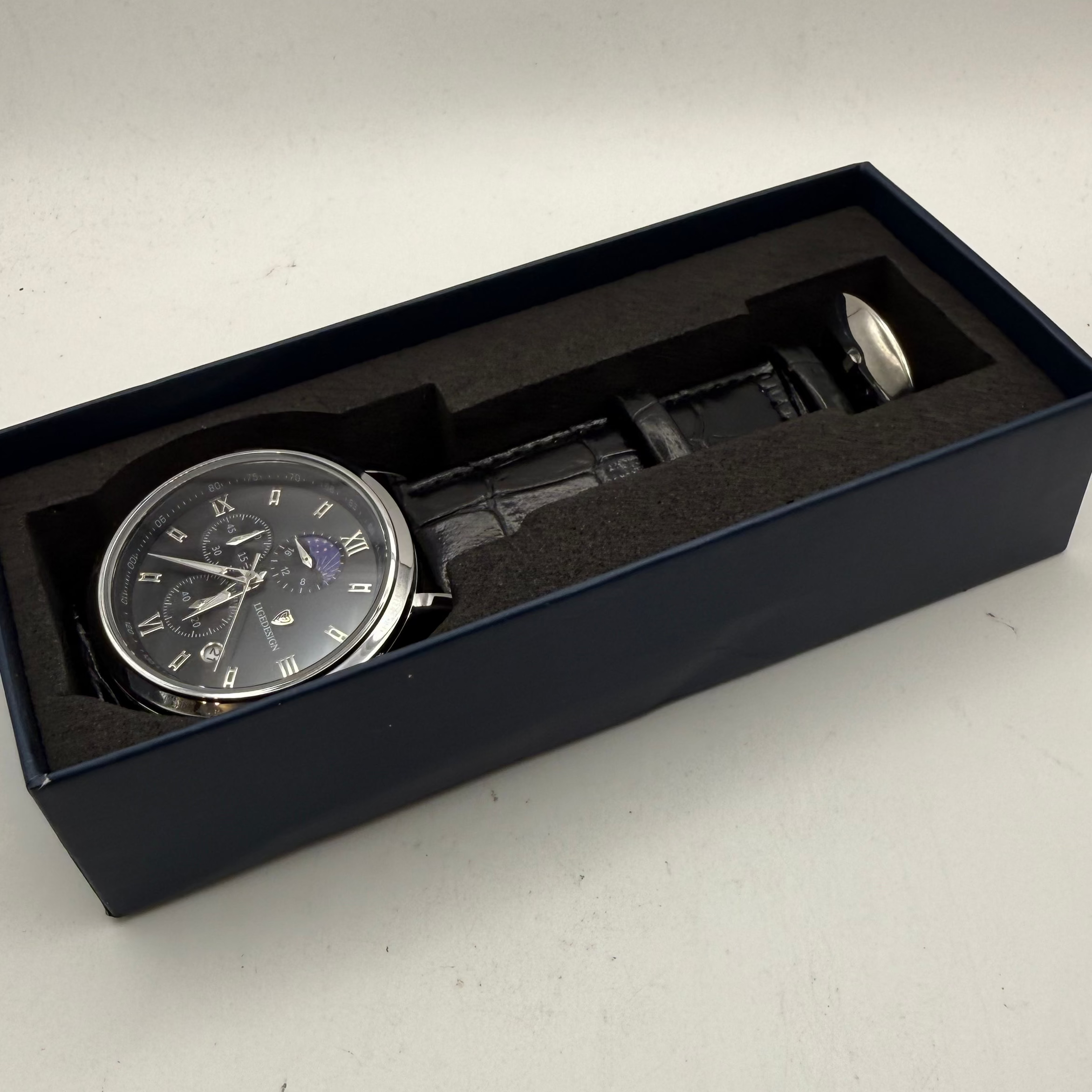 LIGE Design Multifunction Men's Watch Black Dial Leather Strap 49mm- £30.00