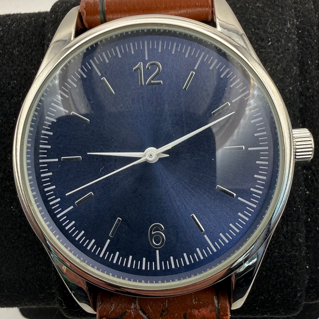 Men's Blue Dial Quartz Watch Brown Leather Strap 43mm (Fully Tested and Working)- £10.00