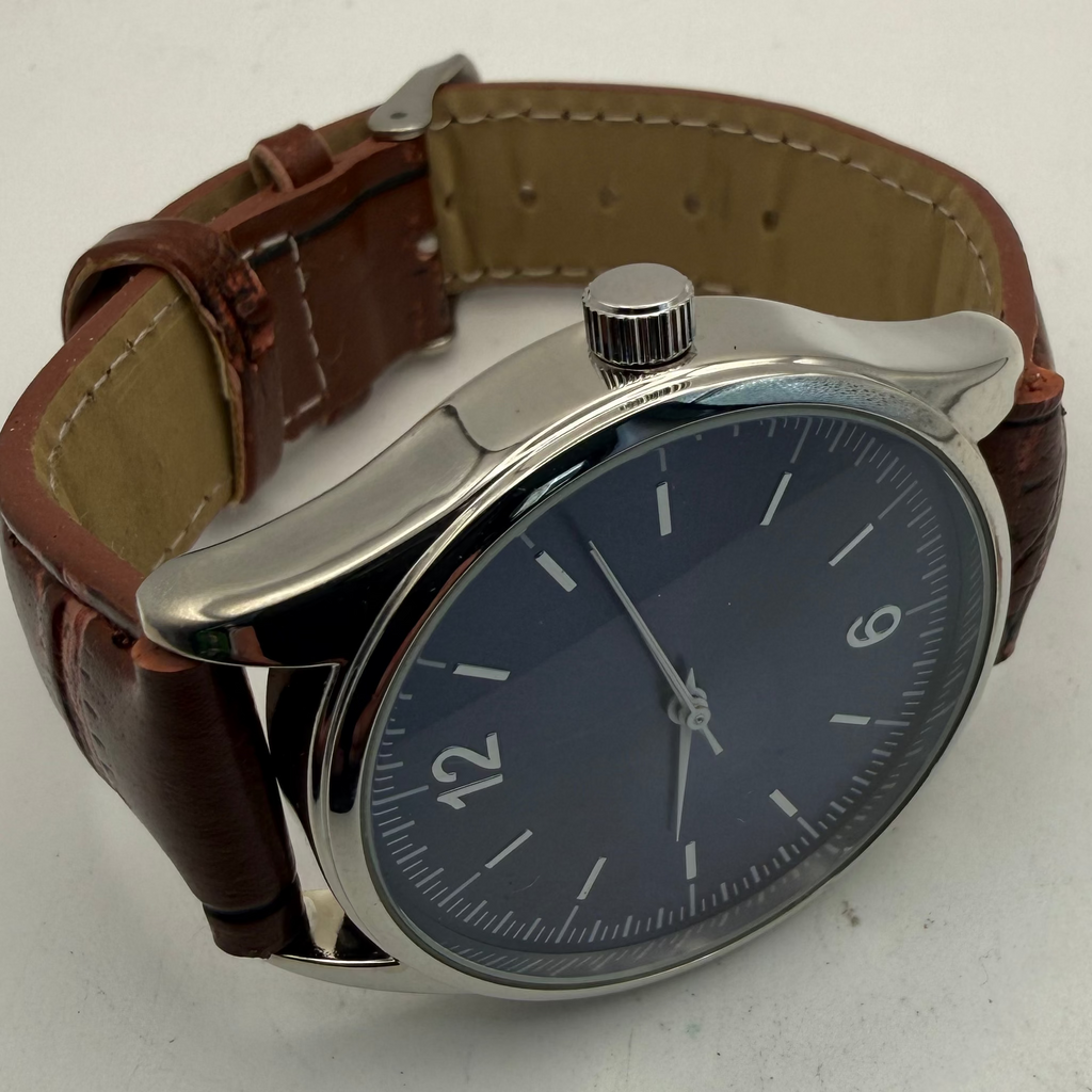 Men's Blue Dial Quartz Watch Brown Leather Strap 43mm (Fully Tested and Working)- £10.00