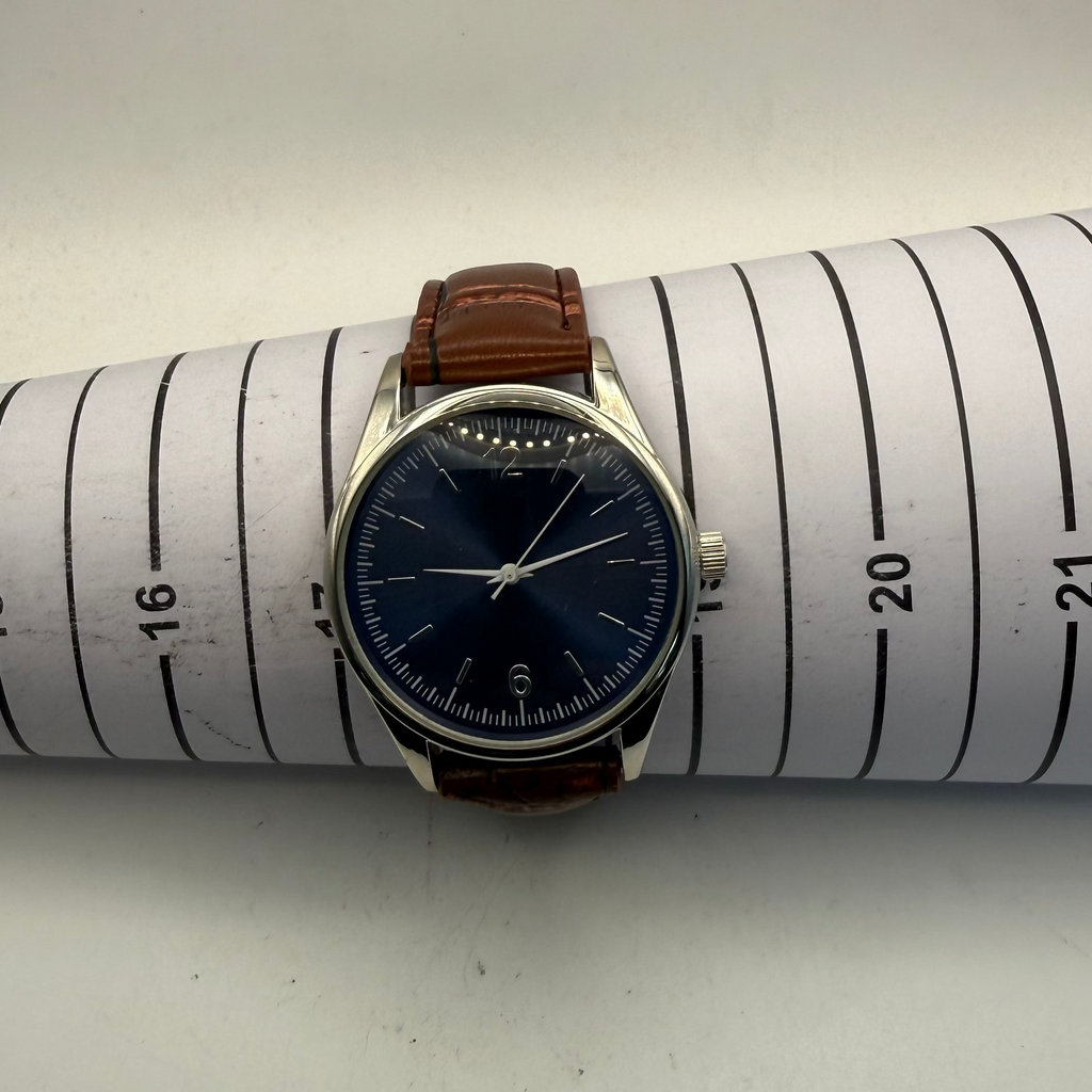 Men's Blue Dial Quartz Watch Brown Leather Strap 43mm (Fully Tested and Working)- £10.00