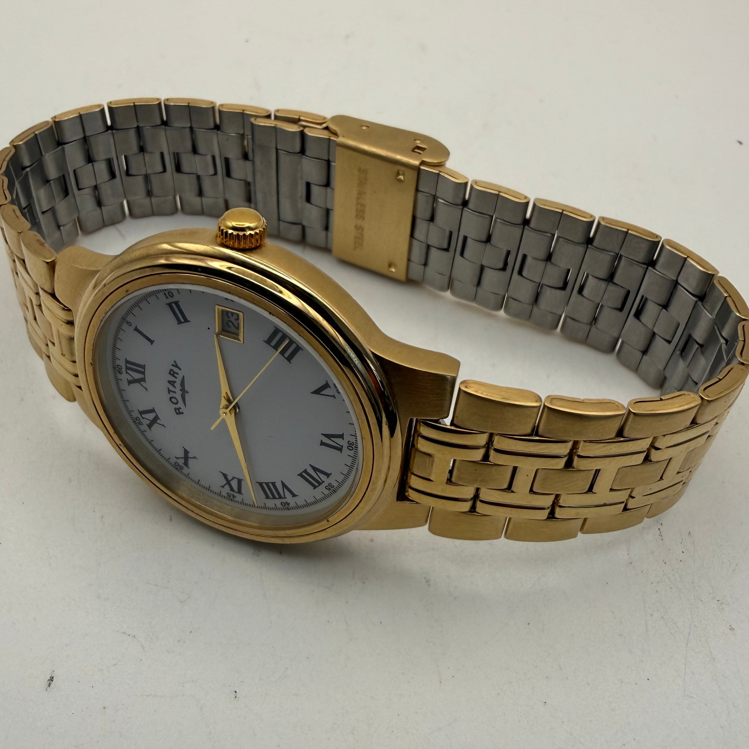 Rotary Gold Tone Date Watch White Roman Dial Quartz (Fully Tested and Working)- £50.00