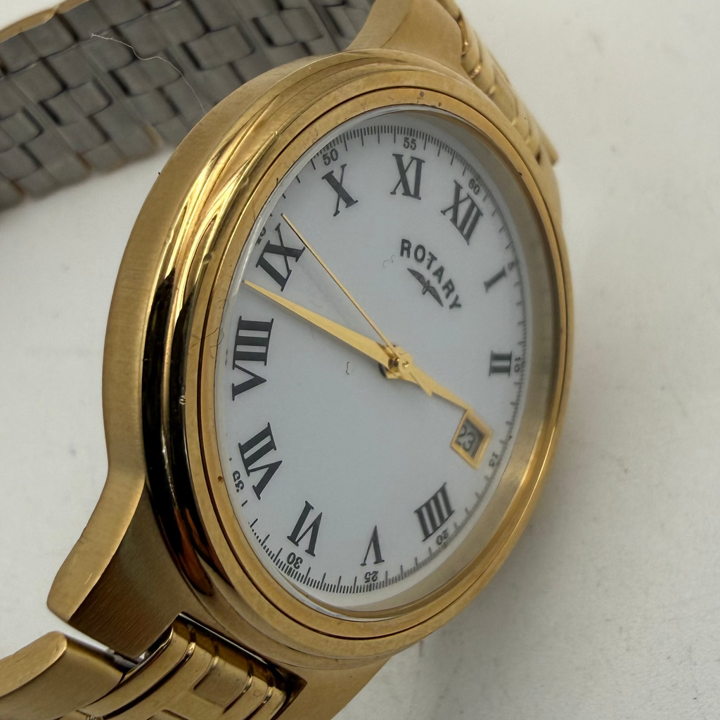 Rotary Gold Tone Date Watch White Roman Dial Quartz (Fully Tested and Working)- £50.00