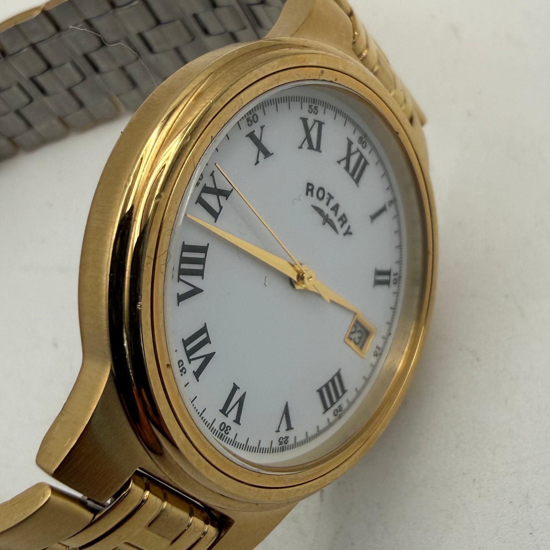 Rotary Gold Tone Date Watch White Roman Dial Quartz (Fully Tested and Working)- £50.00