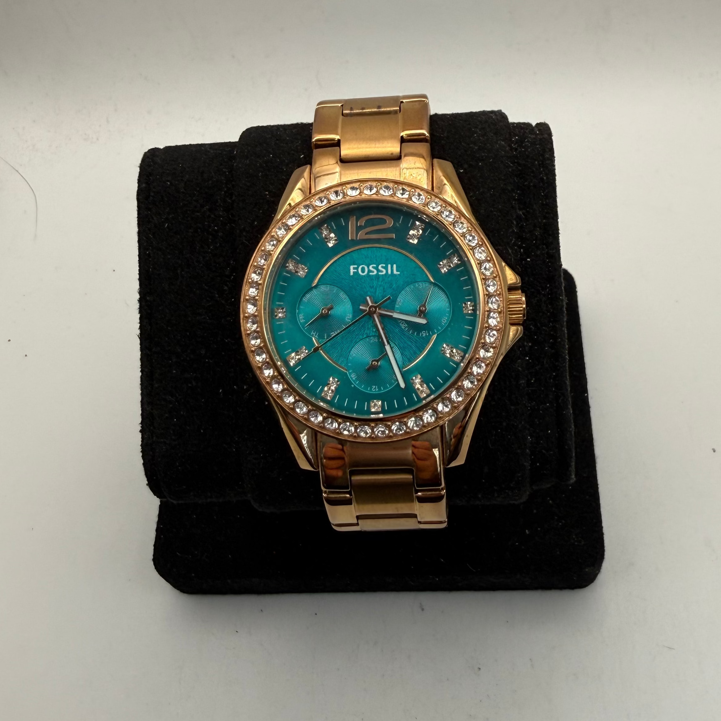 Fossil ES385 2513 Ladies Rose Gold Crystal Bezel Turquoise Dial Watch (Fully Tested and Working)- £40.00