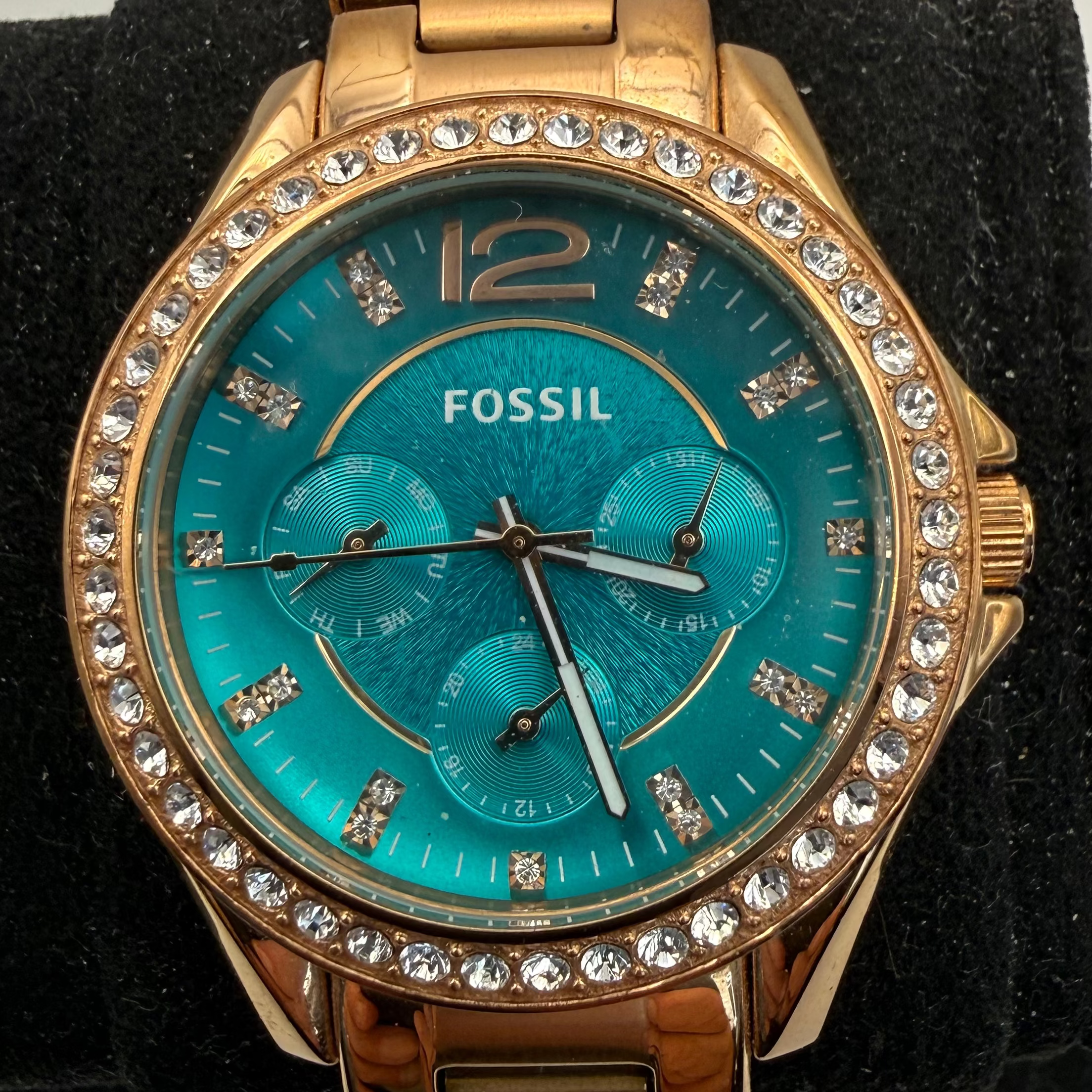 Fossil ES385 2513 Ladies Rose Gold Crystal Bezel Turquoise Dial Watch (Fully Tested and Working)- £40.00