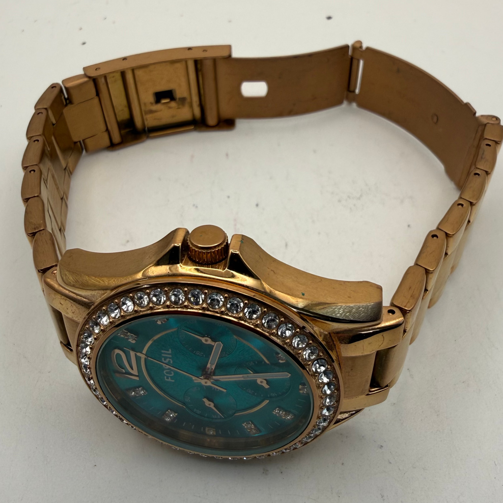 Fossil ES385 2513 Ladies Rose Gold Crystal Bezel Turquoise Dial Watch (Fully Tested and Working)- £40.00