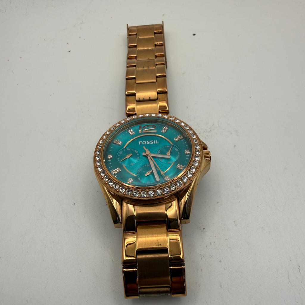 Fossil ES385 2513 Ladies Rose Gold Crystal Bezel Turquoise Dial Watch (Fully Tested and Working)- £40.00