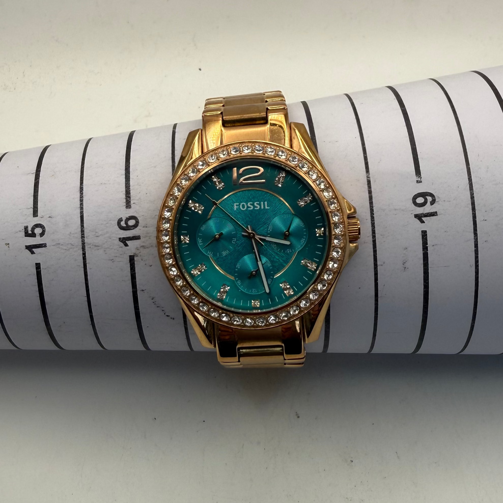 Fossil ES385 2513 Ladies Rose Gold Crystal Bezel Turquoise Dial Watch (Fully Tested and Working)- £40.00