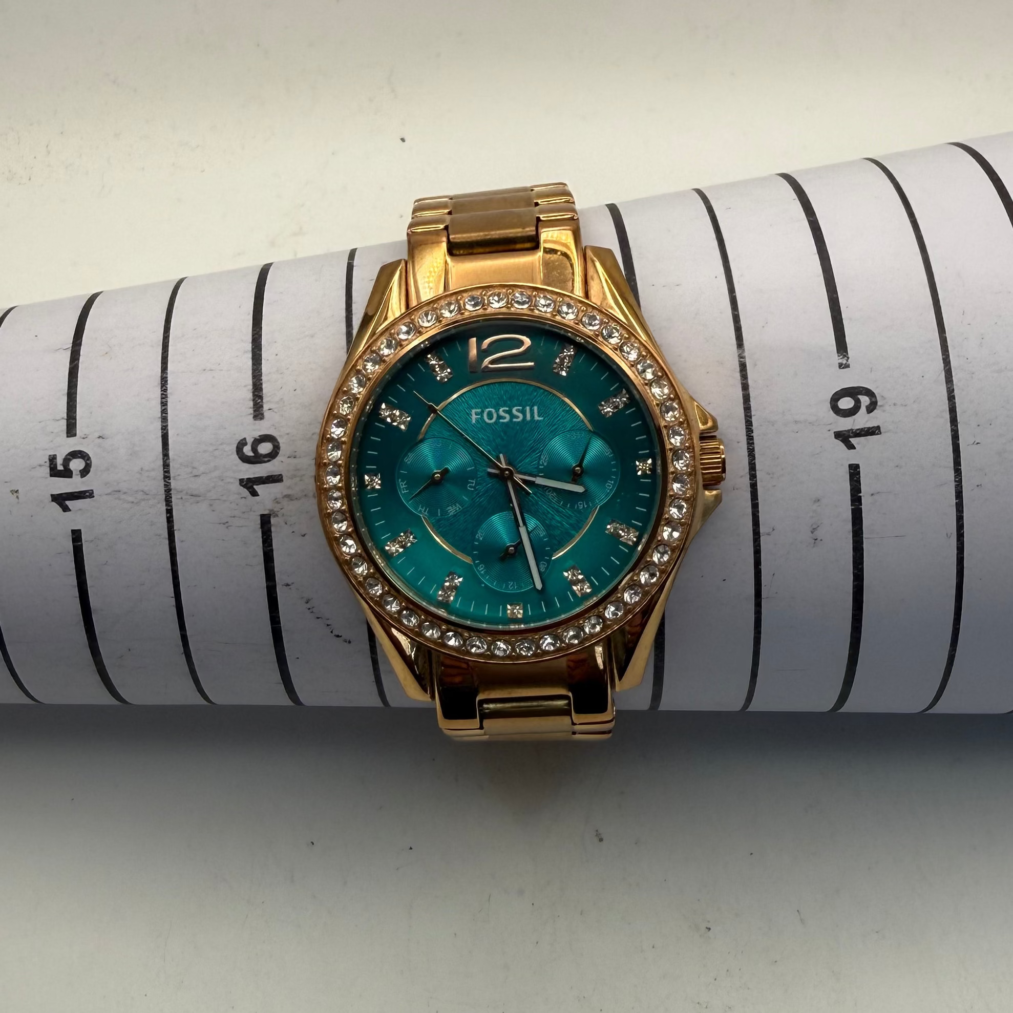 Fossil ES385 2513 Ladies Rose Gold Crystal Bezel Turquoise Dial Watch (Fully Tested and Working)- £40.00