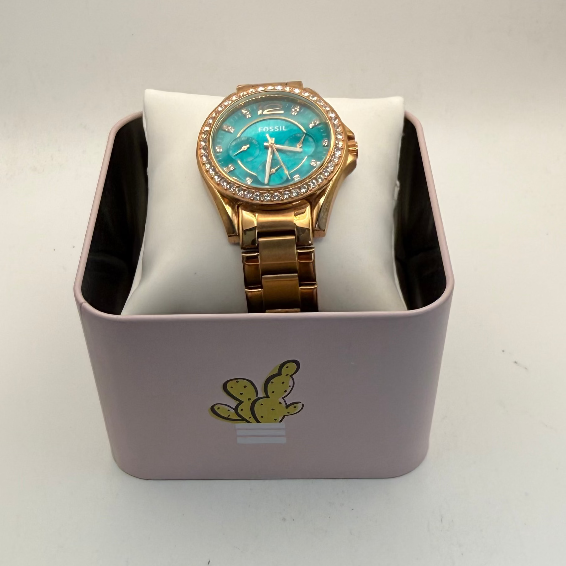 Fossil ES385 2513 Ladies Rose Gold Crystal Bezel Turquoise Dial Watch (Fully Tested and Working)- £40.00