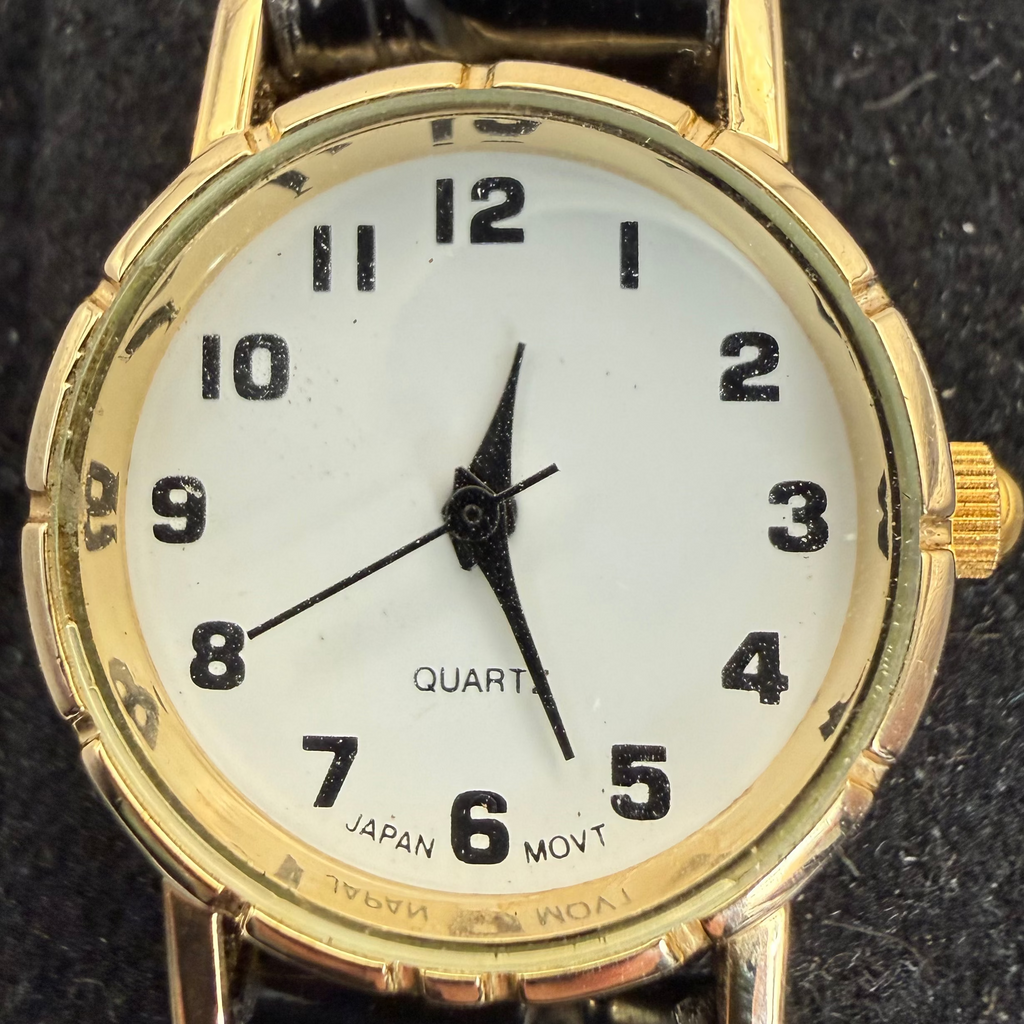 Ladies Gold Tone Quartz White Dial Black Leather Strap Watch (Fully Tested and Working)- £10.00