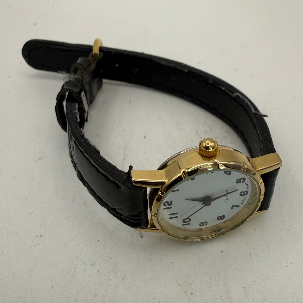 Ladies Gold Tone Quartz White Dial Black Leather Strap Watch (Fully Tested and Working)- £10.00