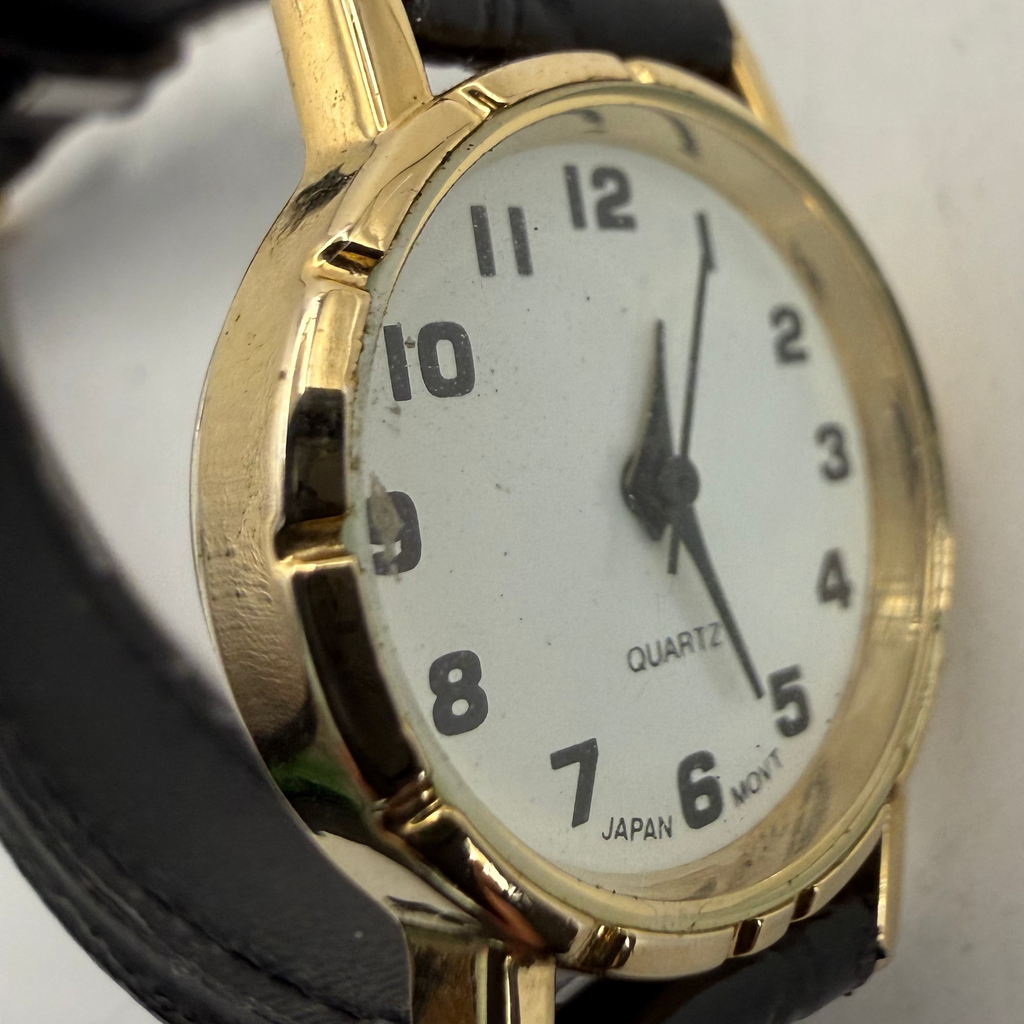 Ladies Gold Tone Quartz White Dial Black Leather Strap Watch (Fully Tested and Working)- £10.00