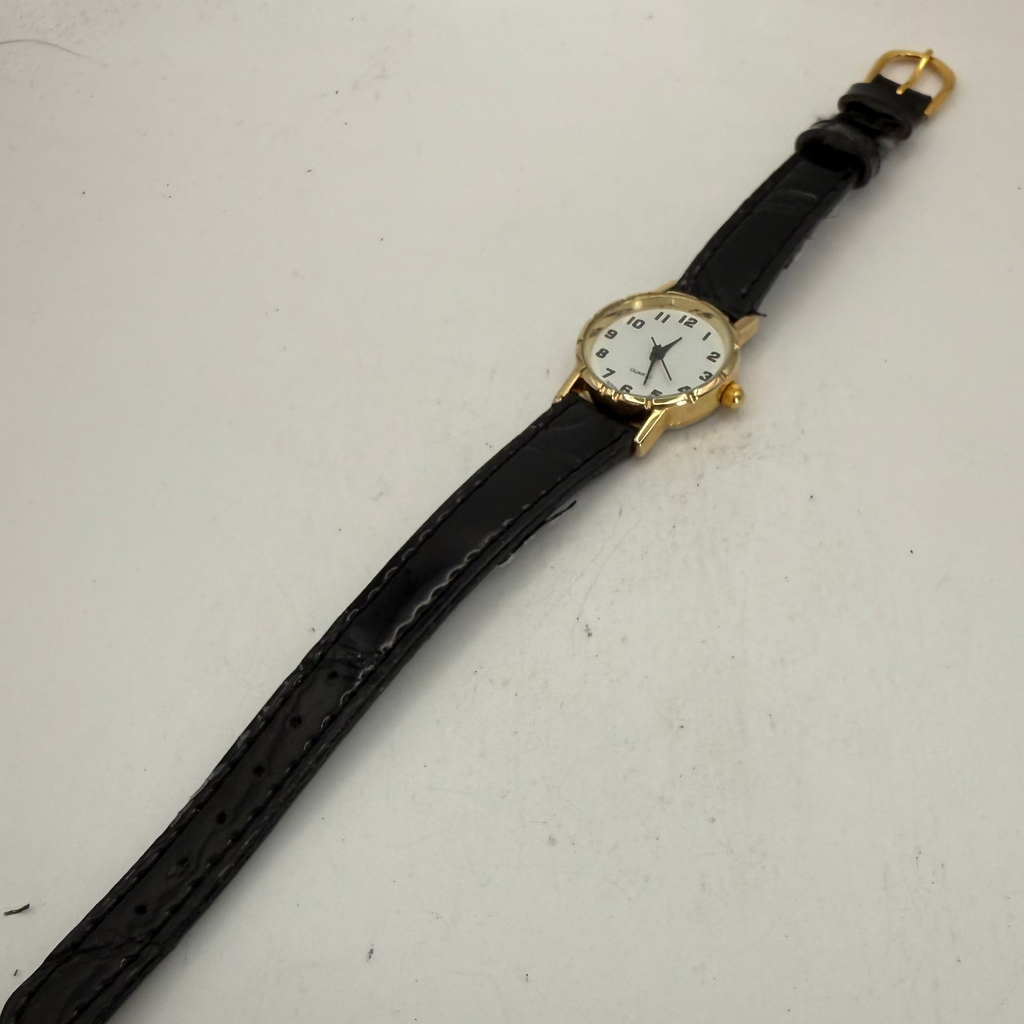 Ladies Gold Tone Quartz White Dial Black Leather Strap Watch (Fully Tested and Working)- £10.00