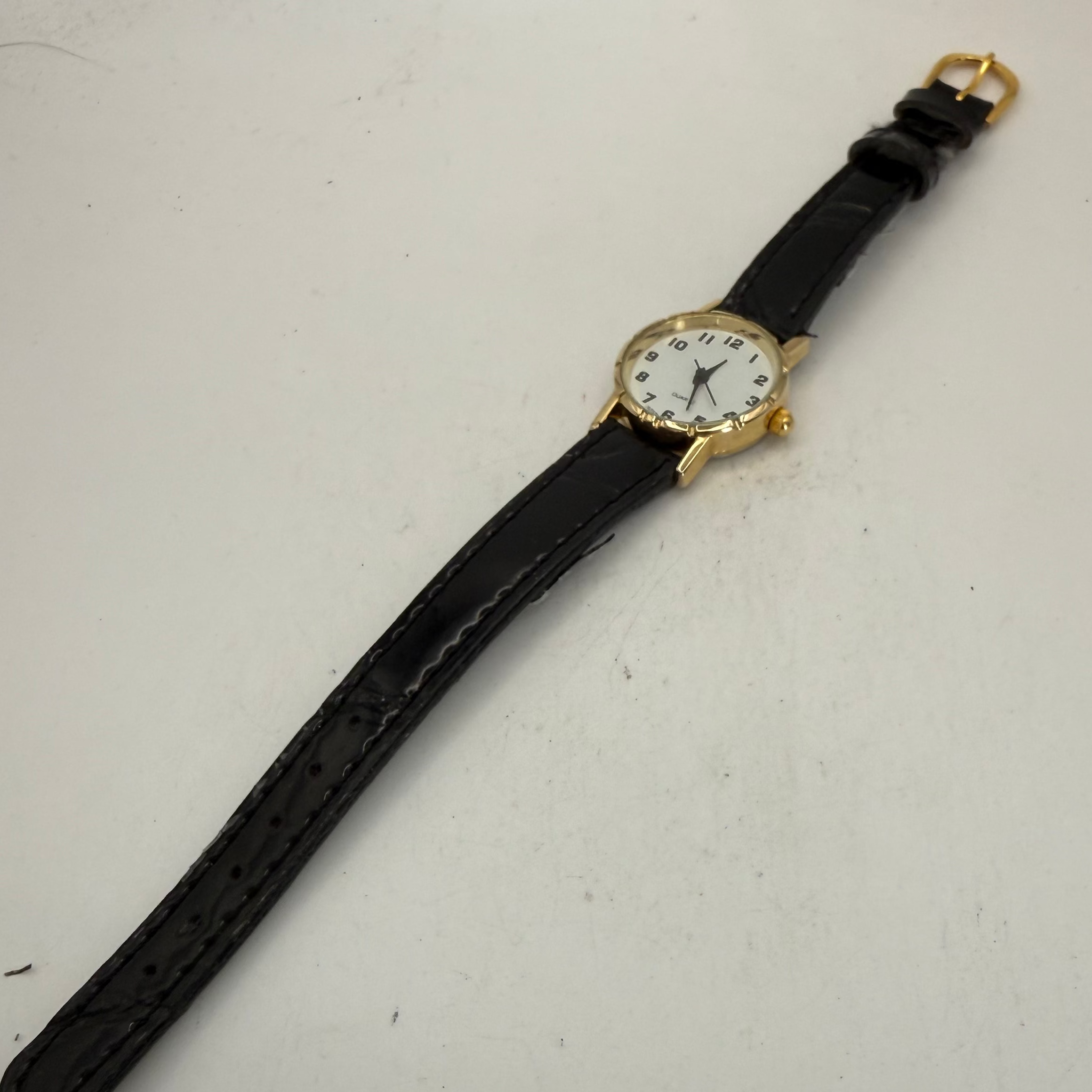 Ladies Gold Tone Quartz White Dial Black Leather Strap Watch (Fully Tested and Working)- £10.00