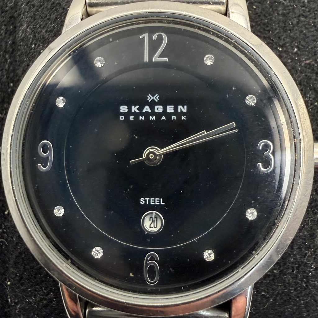 Skagen Denmark Black Dial Crystal Date Stainless Steel Mesh Watch (Fully Tested and Working- £35.00
