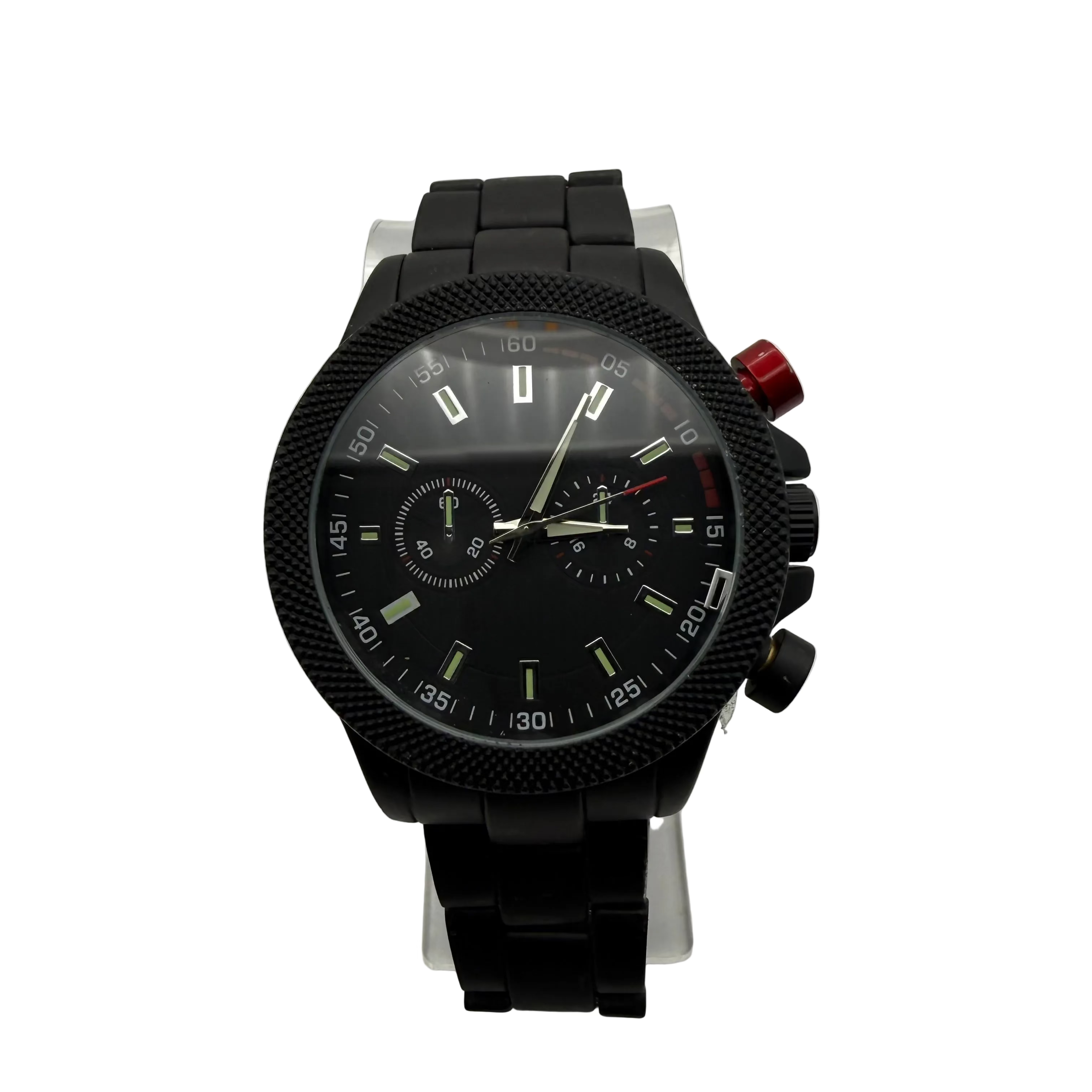 AVON chronograph style watch with bold black textured case and matching bracelet,- £14.99