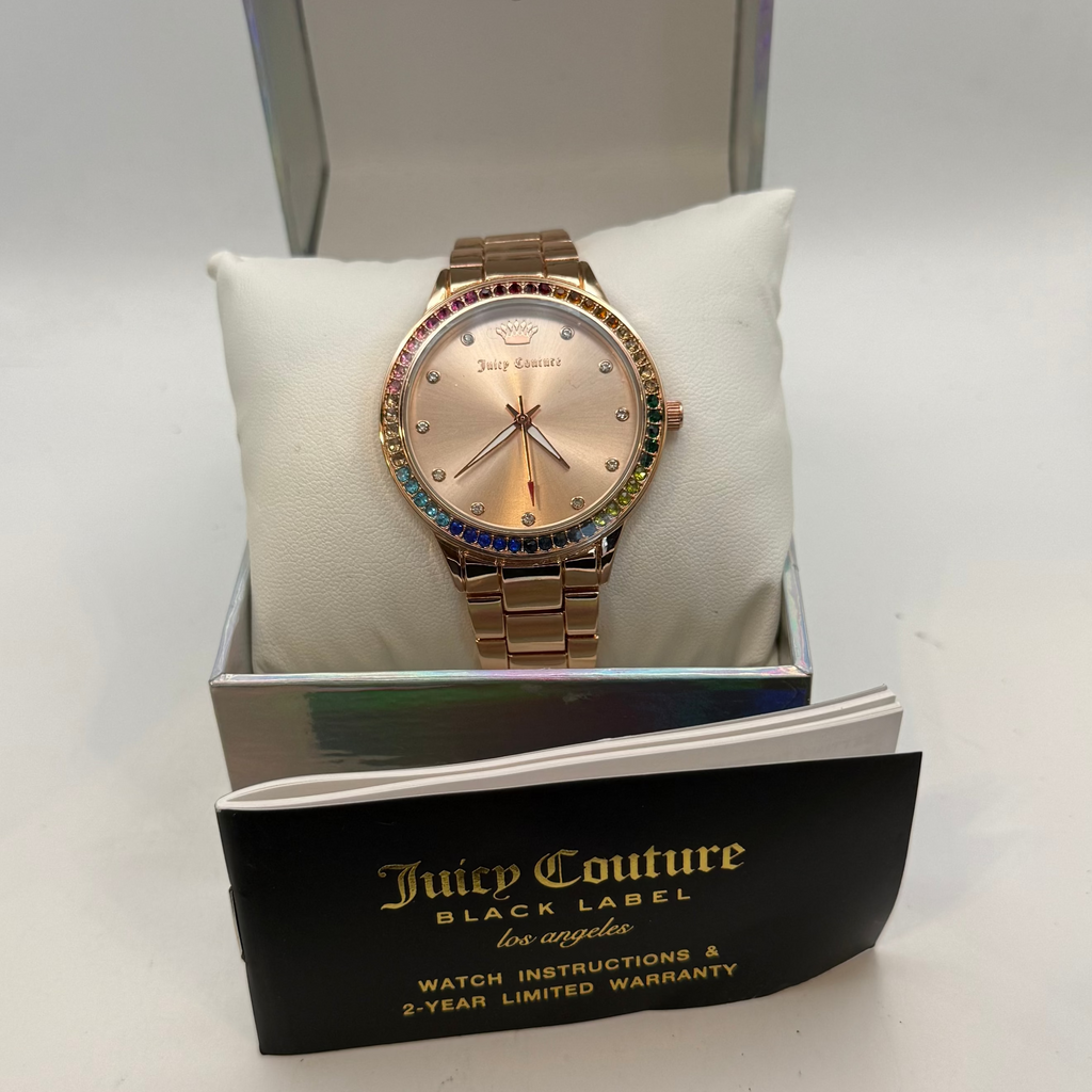 Juicy Couture Black Label Ladies Rose Gold Tone Watch Rainbow Crystal Bezel 40mm- £20.00