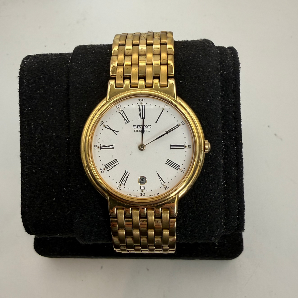 Seiko Gold-Tone Quartz Roman Numeral Date Watch 5Y30-6040 (Fully Tested and Working)- £80.00