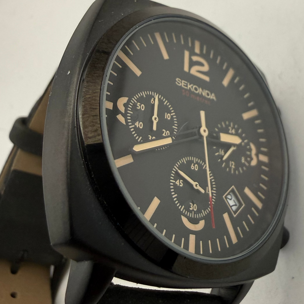 Sekonda Chronograph Black Dial Leather Strap Watch (Fully Tested and Working)- £40.00