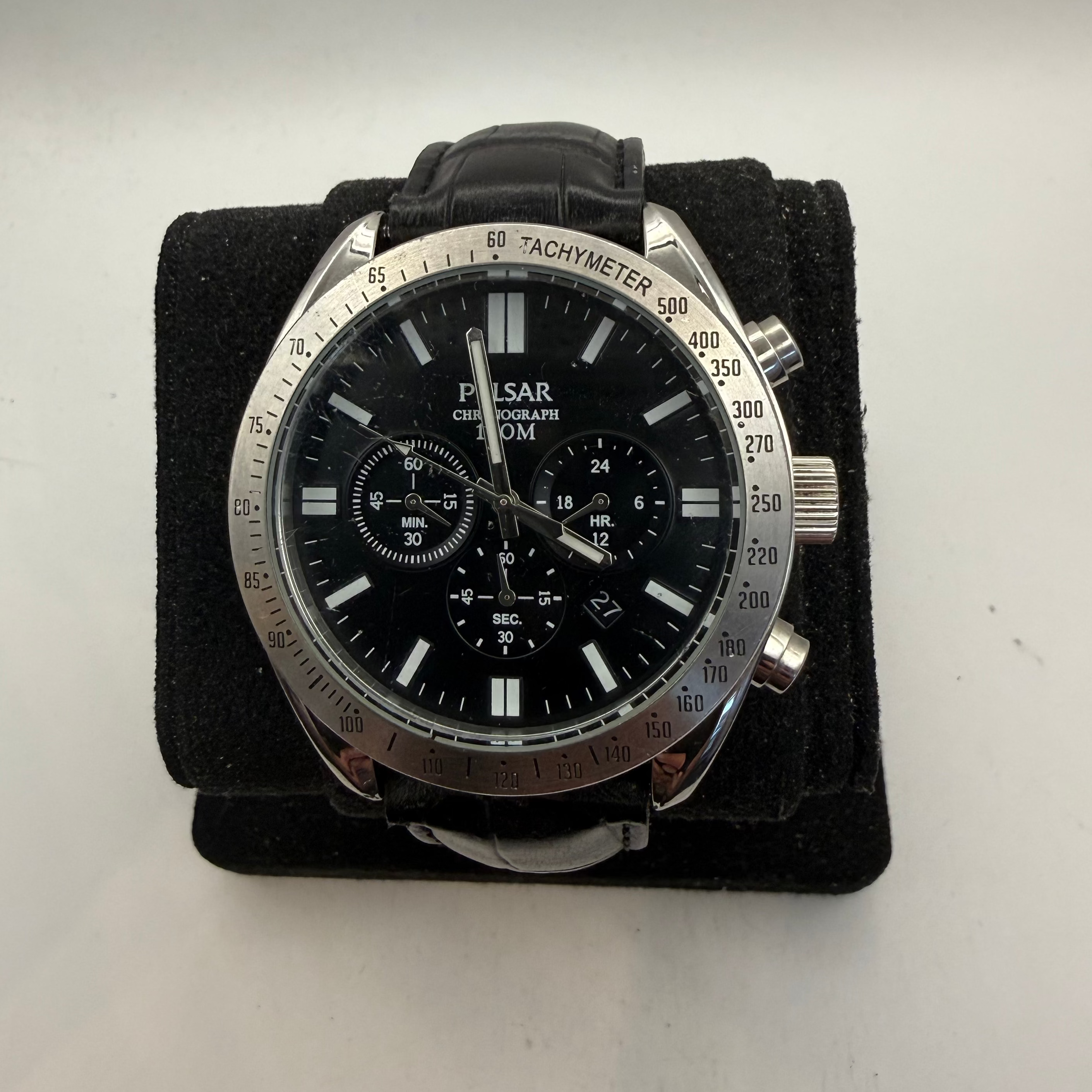 Pulsar Chronograph 100M Black Dial Men's Watch Black Leather Strap 49mm (Fully Tested and Working)- £55.00